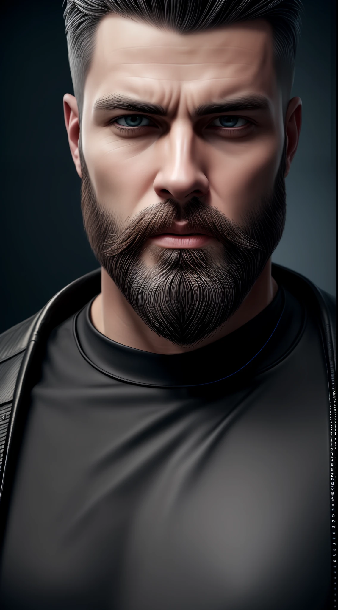There is a man with beard and a black shirt, cinematic realistic portrait, portrait of a cyberpunk man, render 8k portrait, highly detailed VFX portrait, cinematic headshot portrait, very realistic digital art, attractive man, realistic realistic handsome, very attractive man with beard, fantasy male portrait, highly realistic digital art, accurate ultra realistic faces, highly detailed VFX portrait