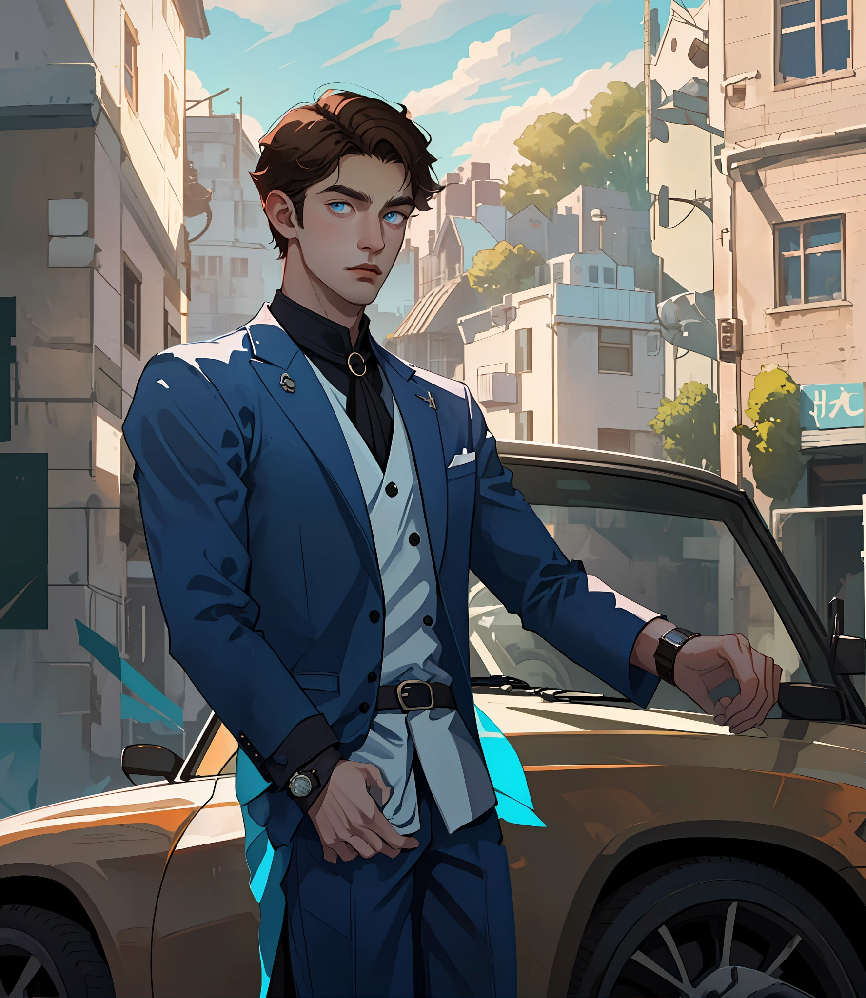 A young man, 20 years old, a Man, male Character, 1boy, slender, brown hair, blue eyes, looking at his watch, waiting, on a sunny day, city, metal steel building, pole, car in the distance, hdr: 1.25, intricate details: 1.14, filmic: 0.55
