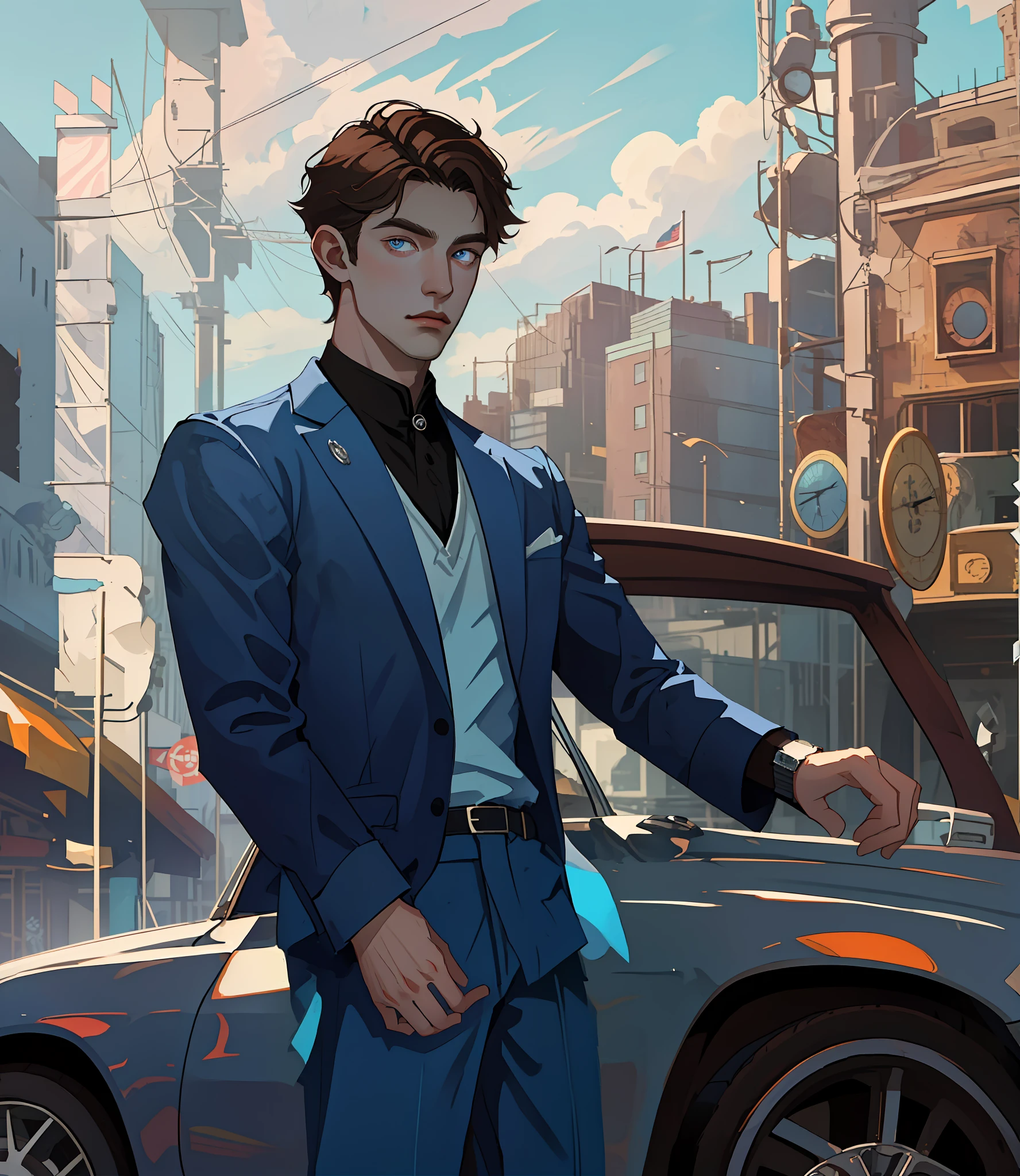 A young man, 20 years old, a Man, male Character, 1boy, slender, brown hair, blue eyes, looking at his watch, waiting, on a sunny day, city, metal steel building, pole, car in the distance, hdr: 1.25, intricate details: 1.14, filmic: 0.55