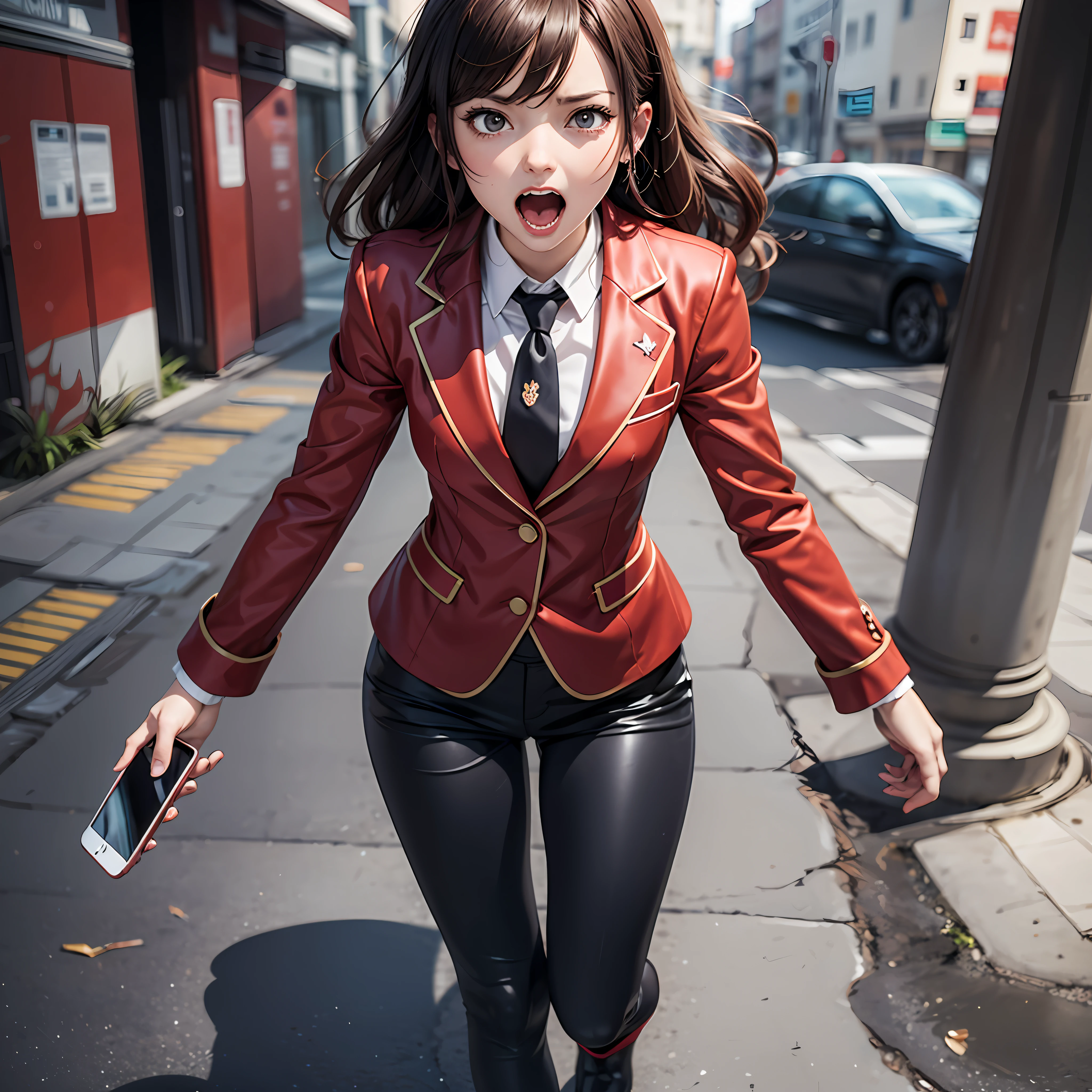 A closeup of a person, scared, screaming, afraid, in a red suit and tie, high school, holding a cell phone, cute anime pose, single character full body, official character art, single character full body character, full body character portrait, vtuber anime full body model, red suit, !! Full body portrait!, full body character, full body character portrait, full body character portrait, soft anime cg art