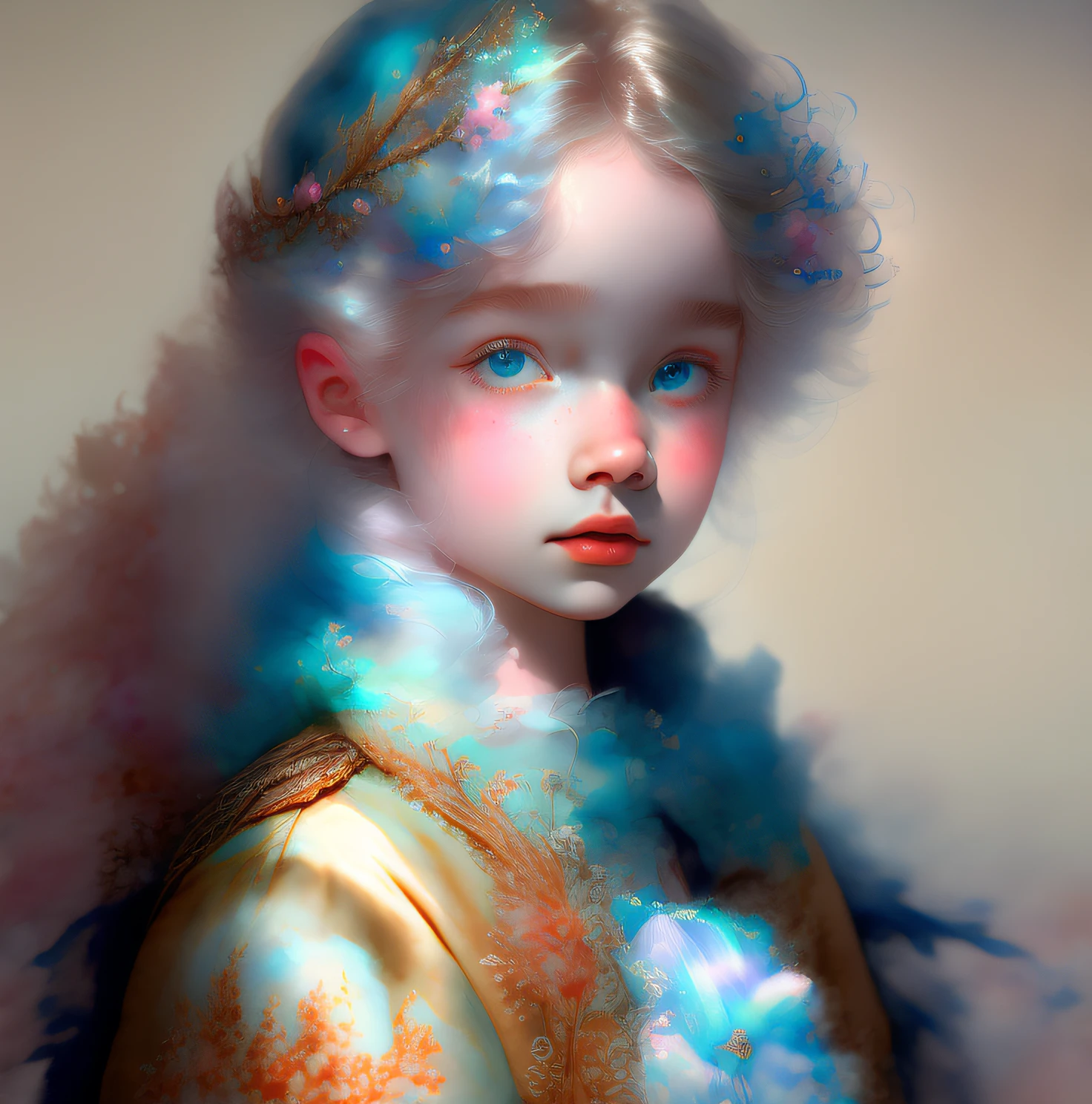 Princess girl with wing, Blue, Pastel, glitter, dramatic, dreamy, pastel, Watercolor, Whimsical, Delicate, seashell crown, Trending on Artstation, Highly detailed, Intricate, Portrait, digital painting, Fantasy theme, Fantasy robes, Fantasy concept art, Fantasy character art, Smug, age girl, perfect body, full body, dreamy, pastel, Watercolor, Whimsical, Delicate, seashell crown, art by loish and lois van baarle, Trending on Artstation, Highly detailed, Intricate, Portrait, digital painting