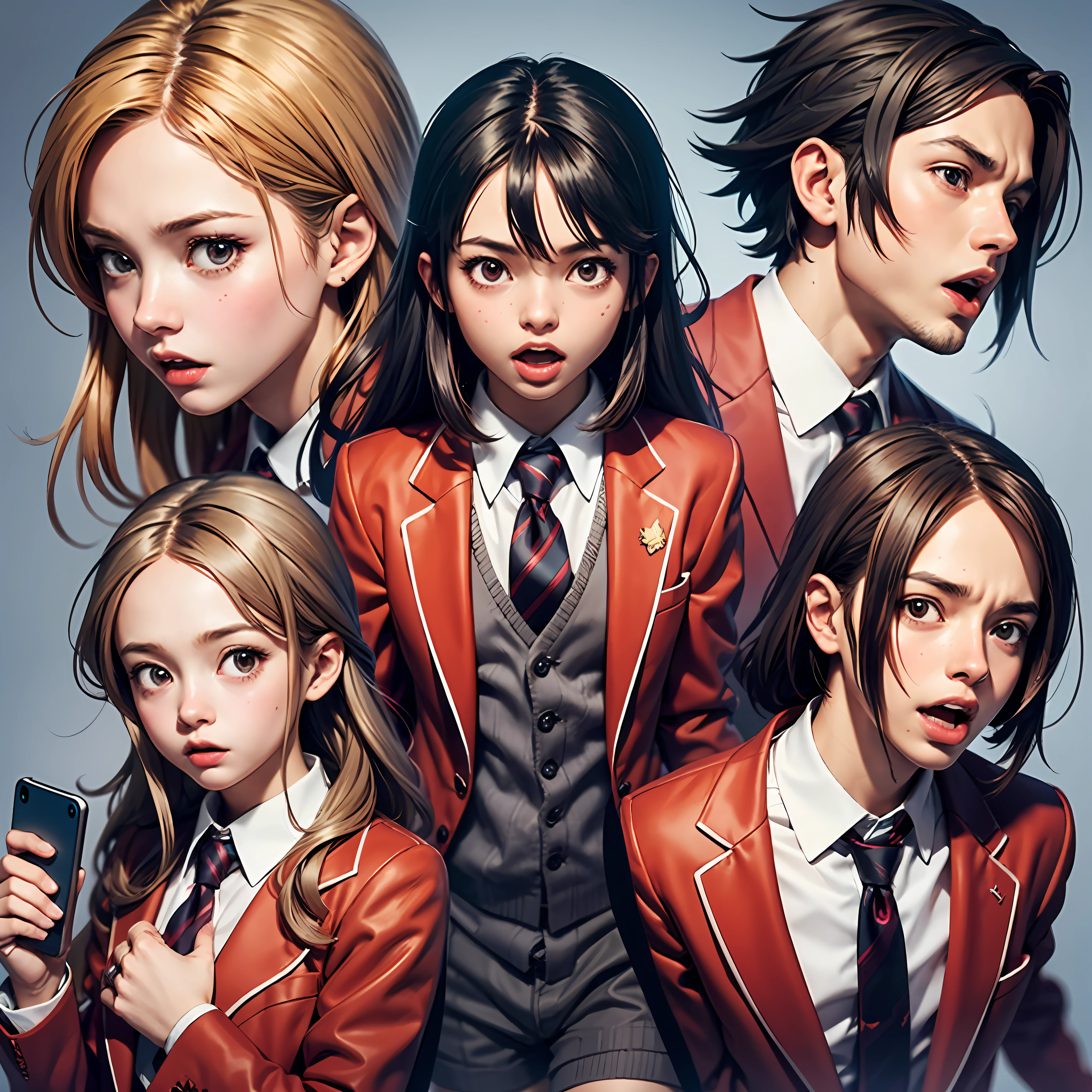 a closeup of a person, 1boy, teenager, scared, screaming, fear, in a red suit and tie, high school, holding a cell phone, cute anime pose, single character full body, official character art, single character full body character, full body portrait of the character, vtuber anime full body model, red suit, !! Full body portrait!, full body character, full body character portrait, full body character portrait, soft anime cg art