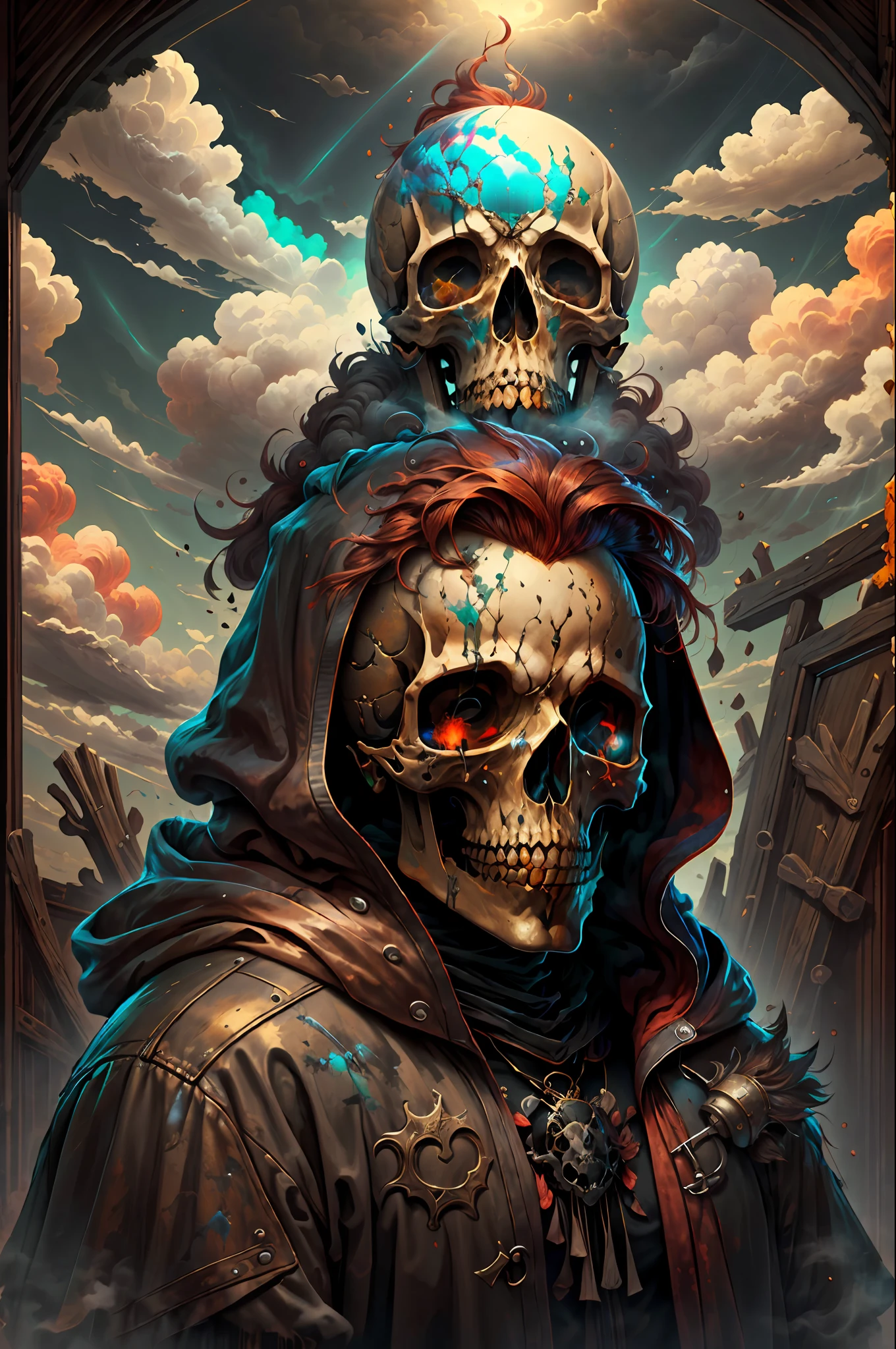 solo, 1boy, standing, male focus, red hair, cloud, hood, back, cover, transparent glass skull, mantle, painting