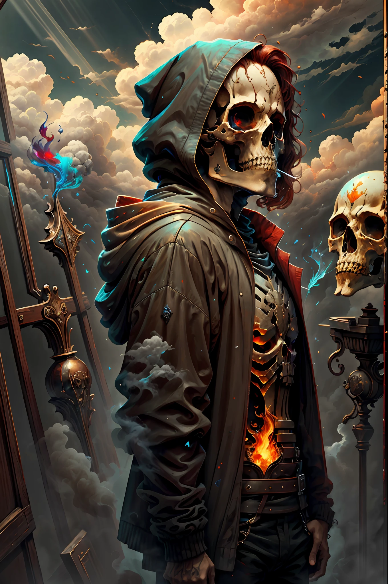 solo, 1boy, standing, male focus, red hair, cloud, hood, back, cover, transparent glass skull, mantle, painting
