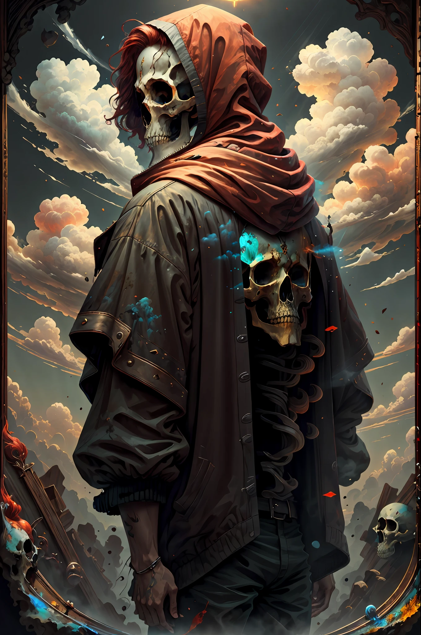 solo, 1boy, standing, male focus, red hair, cloud, hood, back, cover, transparent glass skull, mantle, painting
