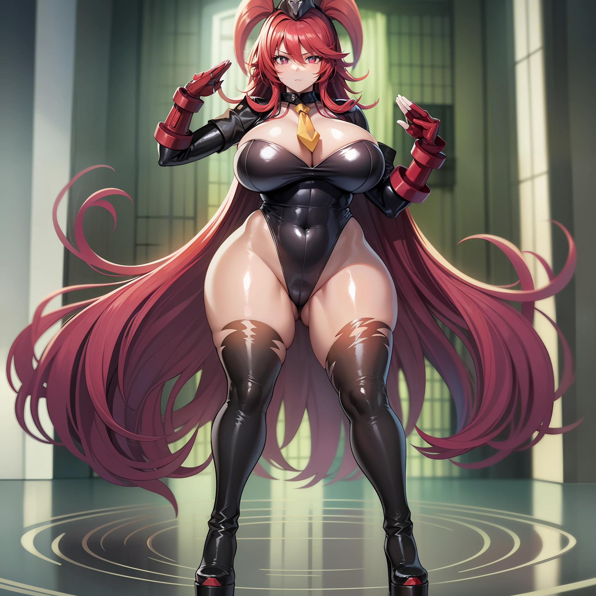 rias gremory, huge breasts, thick thighs, huge hips, standing at attention, expressionless, style of high school DxD, latex, black bodysuit, military cap, platform heels, boots, saluting, latex gloves, symbol-shaped pupils, heart-shaped pupils, expressionless, red hair, HD, 4K, full body, widest hips, muscle girl