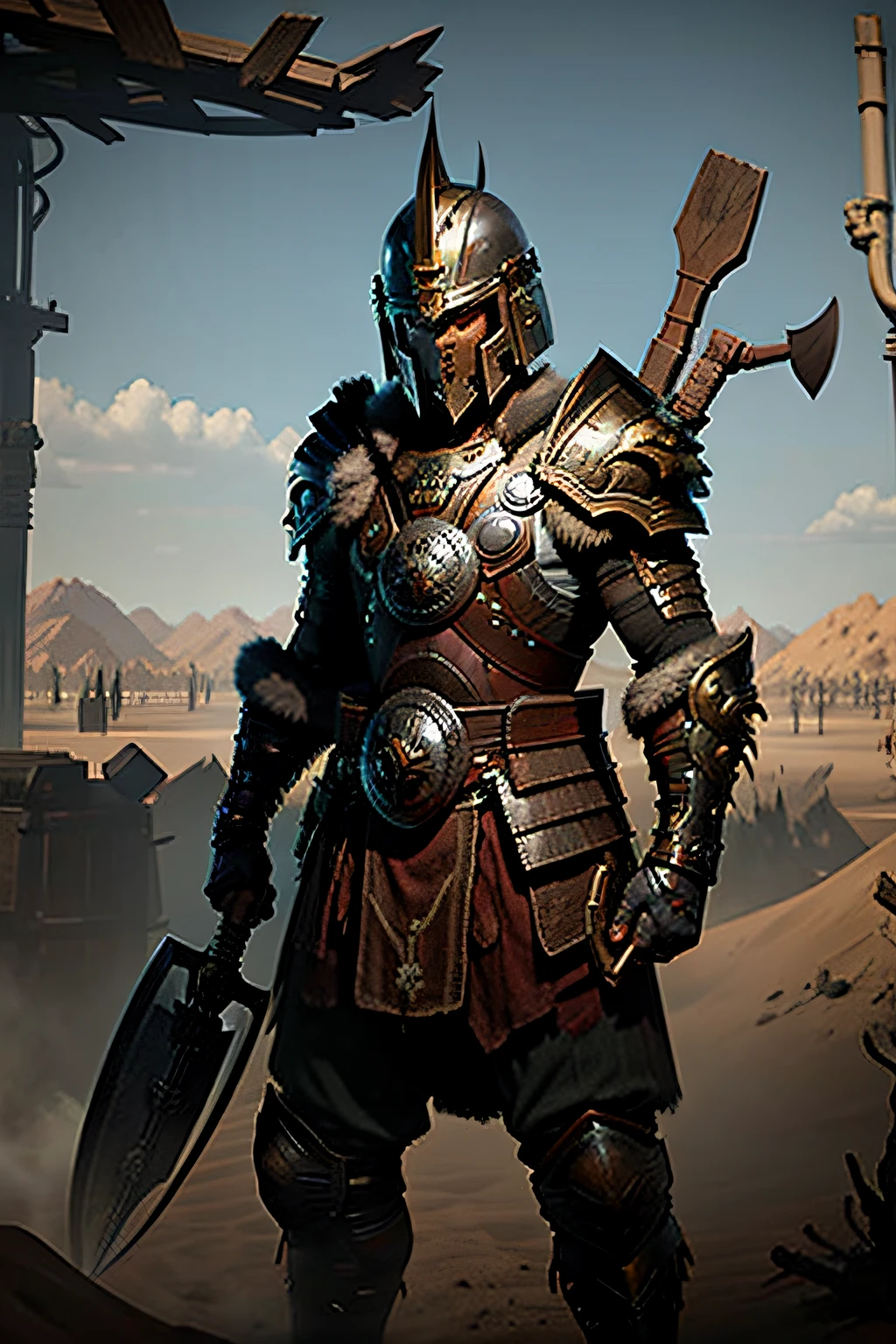 A male GLADIATOR standing with helmet and axe in front of a DESERT background