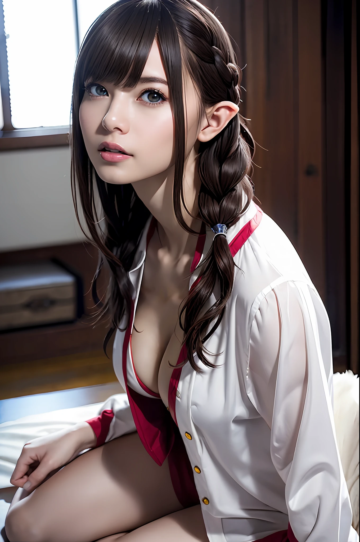 Ultra-detailed complex 3D rendering of the face, (Colossal: 8.8), (masterpiece, top quality, octane rendering, 8K), glamour shot full body image, very beautiful young elf, cleavage, (very detailed skin: 1.2), (exposure: 1.1), brown hair, (wearing a plummeted open shirt of white silk: 1.5)), beautiful Caucasian woman with white skin with full soft breasts with big buttocks, 1 person, long braided hair, big breasts, dynamic angle, mystical expression, ultra-realistic photos, (((((portrait))), bare feet, futuristic urban background, facial muscles, detailed and beautiful queen crown, in the style of Marvel Comics, ArtStation trends, clear focus, studio photography, intricate details, very detailed, detailed red eyes, very detailed, Sharp Focus, Digital Rendering, Professional, Abs, Dark Grey Background, Shot with Canon EOS R 6, (((((Sexy Pose)))),