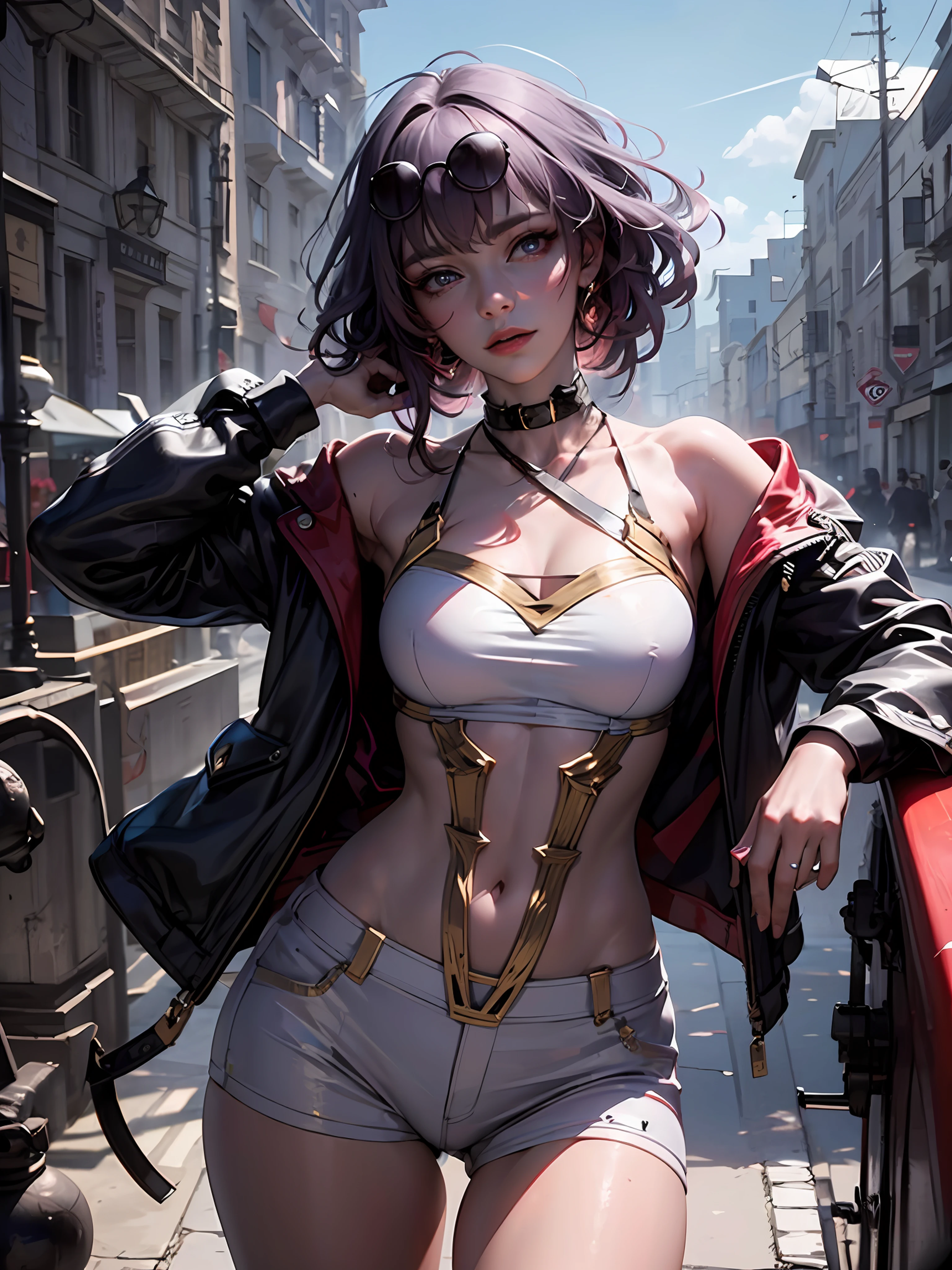 Realistic, (Photorealistic), Ultra Hire, (Masterpiece, Superior Quality, Best Quality, Official Art, Beautiful & Aesthetic, Raw Photo: 1.4), (High Detail Skin: 1.2), Ultra Realistic Skin, 32K, 1Girl, Kafka, Purple Eyes, Purple Hair, Head Glasses, Sunglasses, Narrow Waist, Dynamic Pose, Dynamic Angle, Nude, Detailed Skin, Highly Detailed Eyes, Photorealistic Lighting