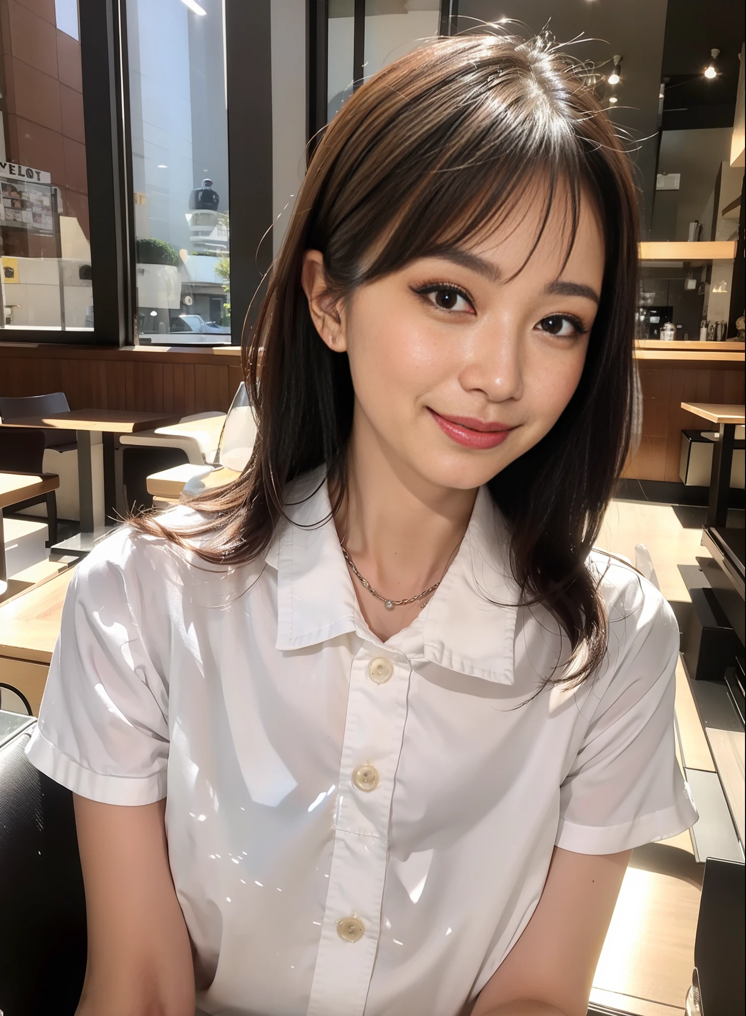 Smile, white shirt, café, daytime