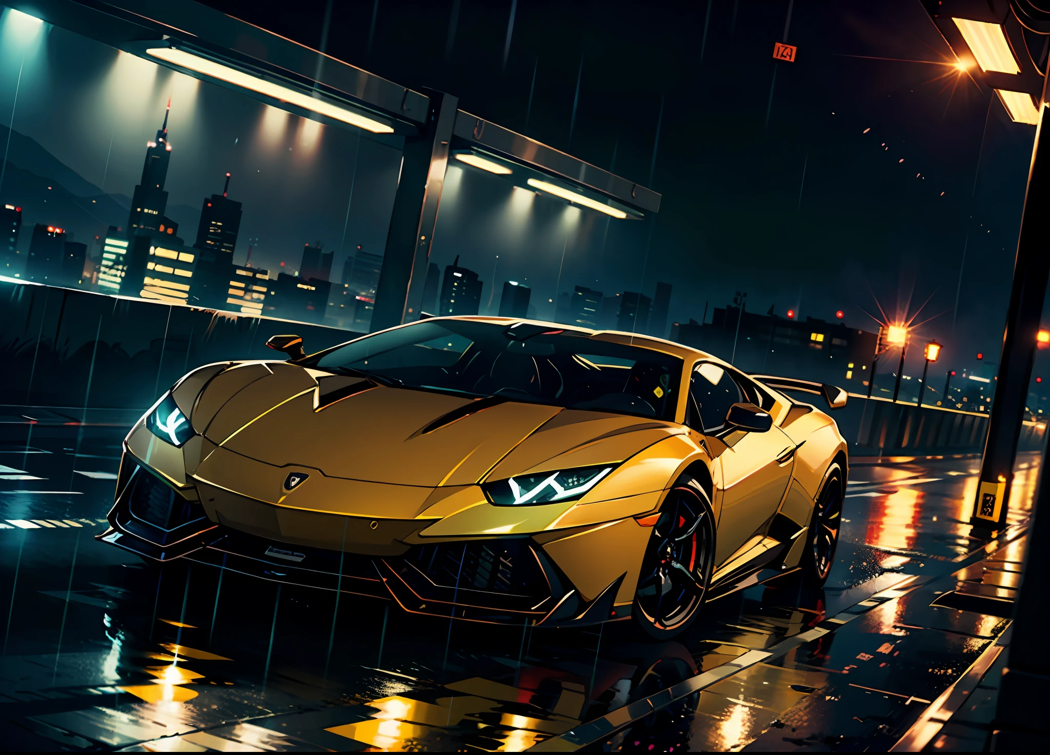a poison lamborghini in the rain, big city, daytime, at high speed,(((cinematic lighting)))), soft cinema light, photographic laboratory, hdr, immense detail, professional photography
