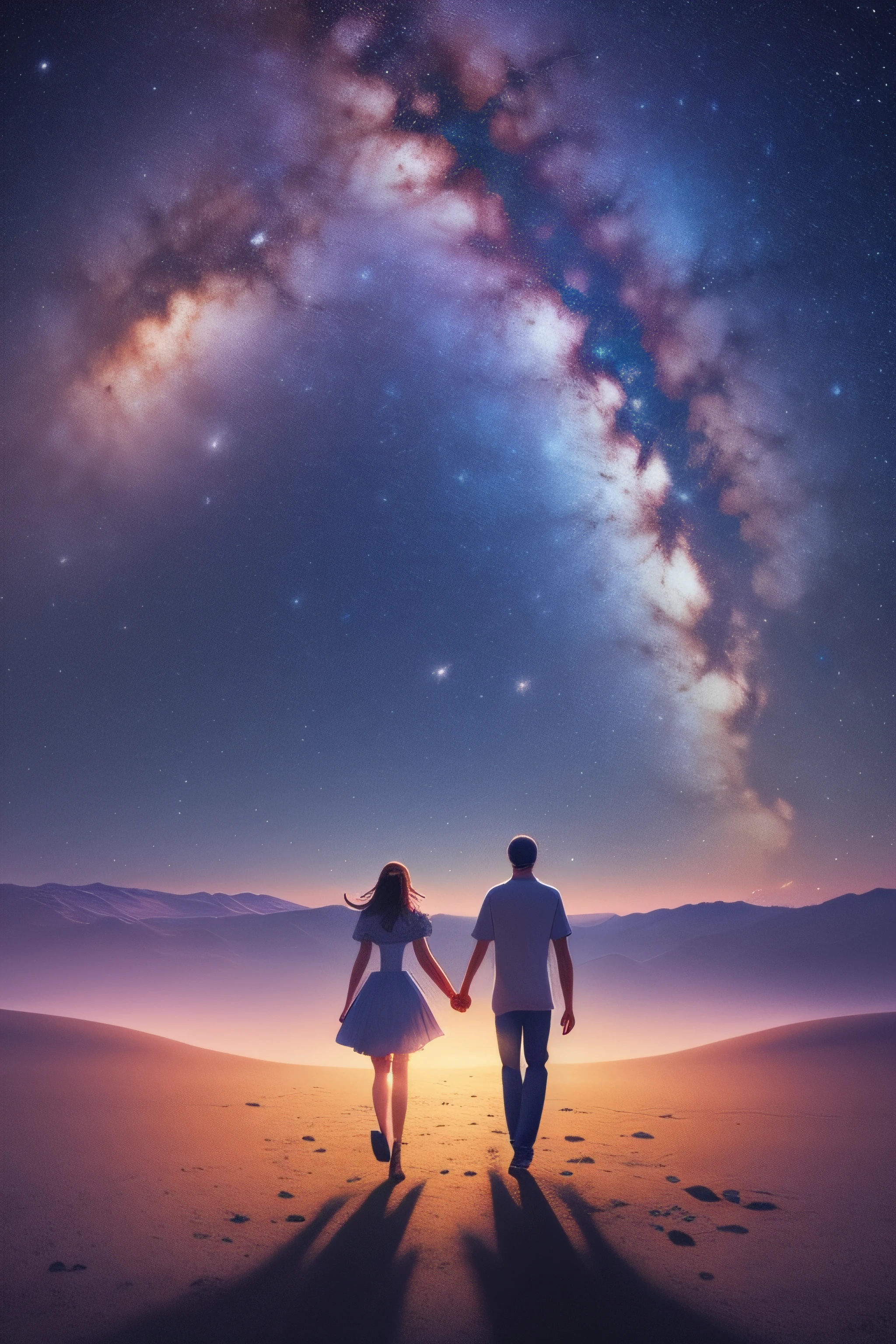 space, milky way, galaxy, stars, happy couple, holding hands, fantasy art