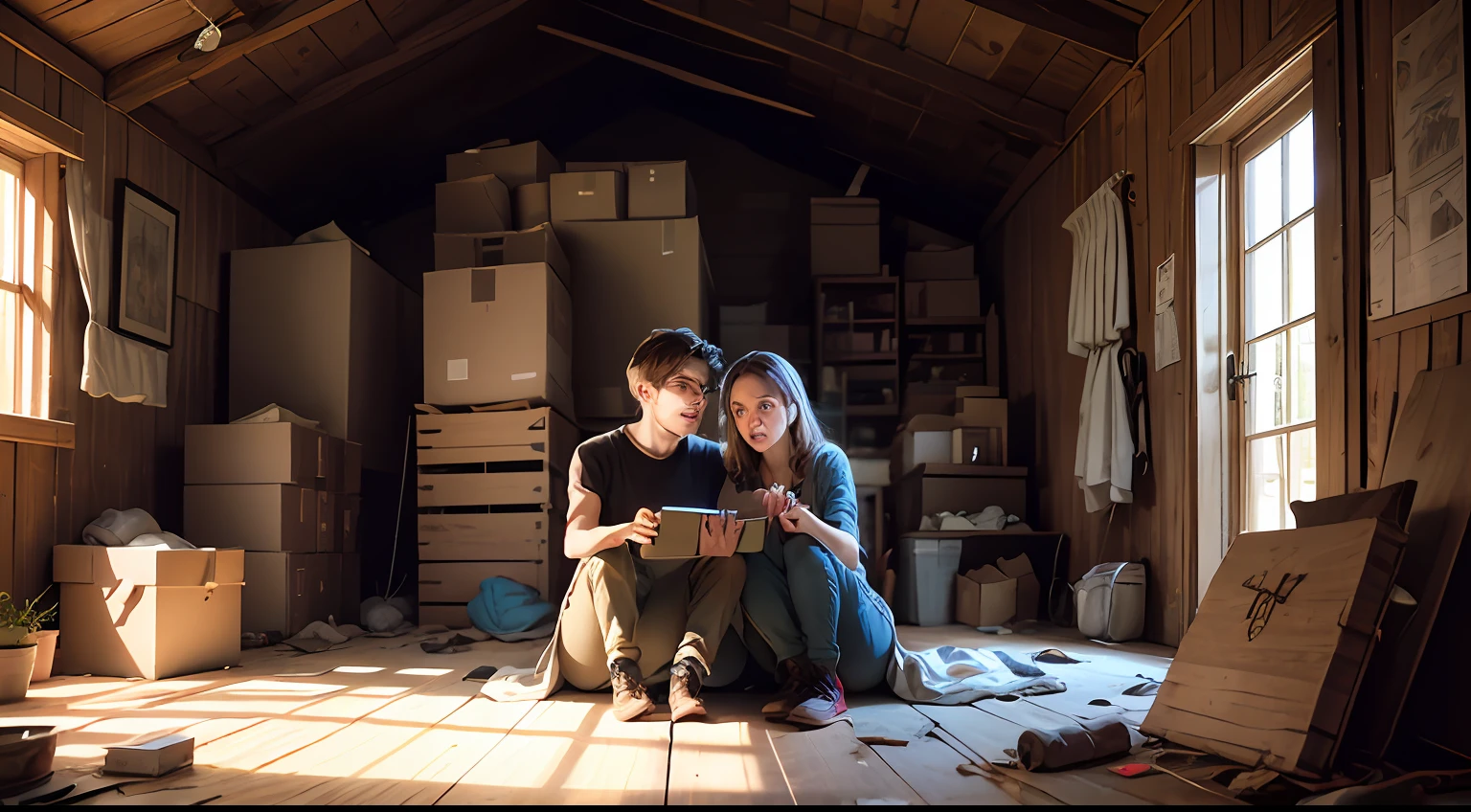 Create an image that depicts a scene in the attic of an old house. The lighting is dim, with beams of light streaming through small, dusty windows. In the center of the image, we see Daniel and Laura, a young couple, leaning over an old open box. They are surrounded by furniture and stacked boxes, indicating the abandonment of the site for a long period. Upon opening the box, they discover the Cursed Doll, wrapped in old fabric and with empty eyes reflecting the dim light of the environment. The expression of surprise and apprehension on Daniel and Laura's faces is evident as they realize the evil presence that now inhabits their new home. --auto