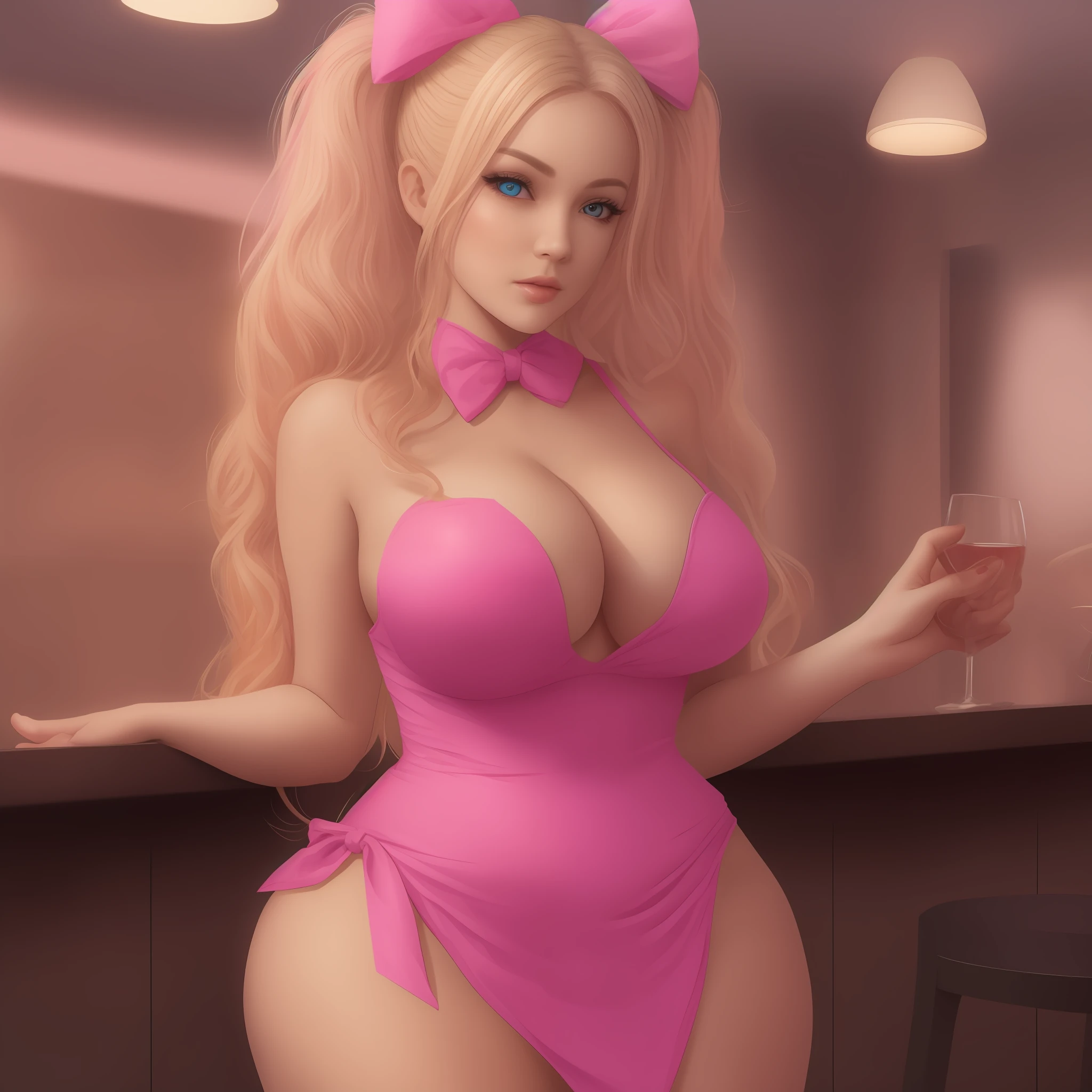 Adult Woman, Adult with blue eyes, with Blonde Pigtails with big hair bows wearing a very skintight pink club dress, huge boobs, Lots of cleaveage, very curvy, thigh highs, Curvy. Slutty, Pink Vibe, Pink Environment, Bar, Club, Pink Aesthetic, Bows In her Hair.