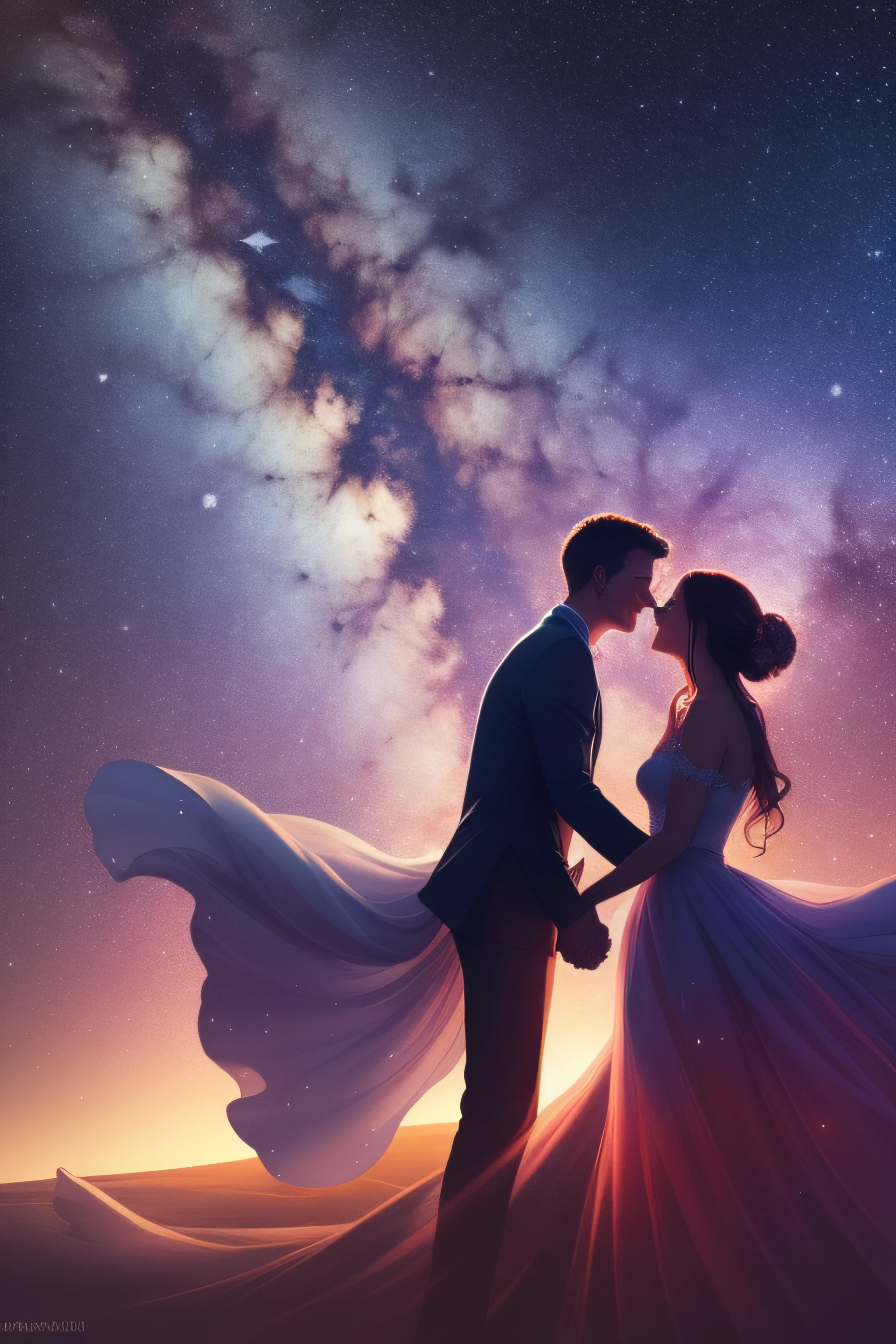 space, milky way, galaxy, stars, happy couple, holding hands, fantasy art