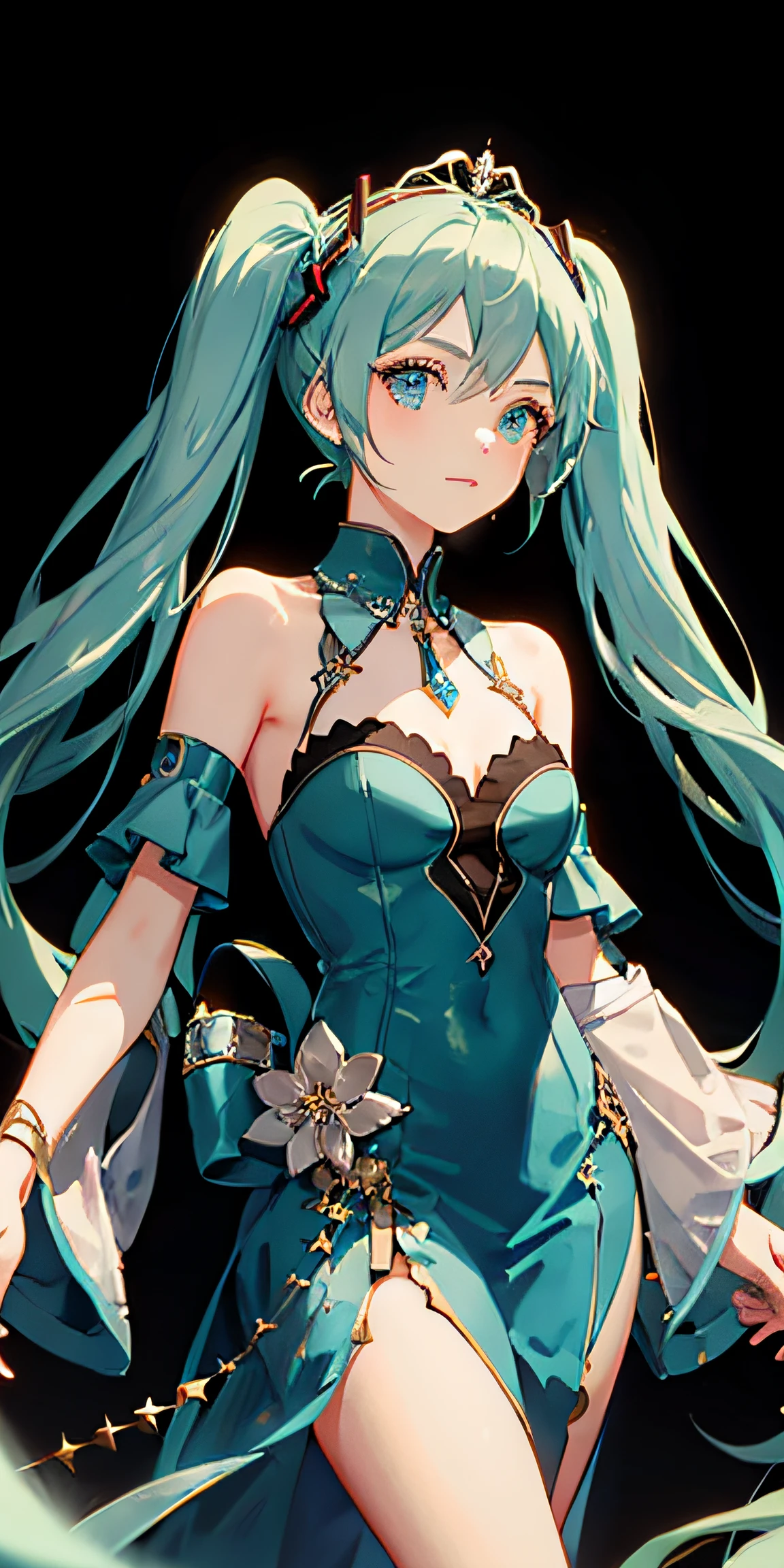 Hatsune Miku dressed in a light blue queen empress costume adorned with beautiful metals