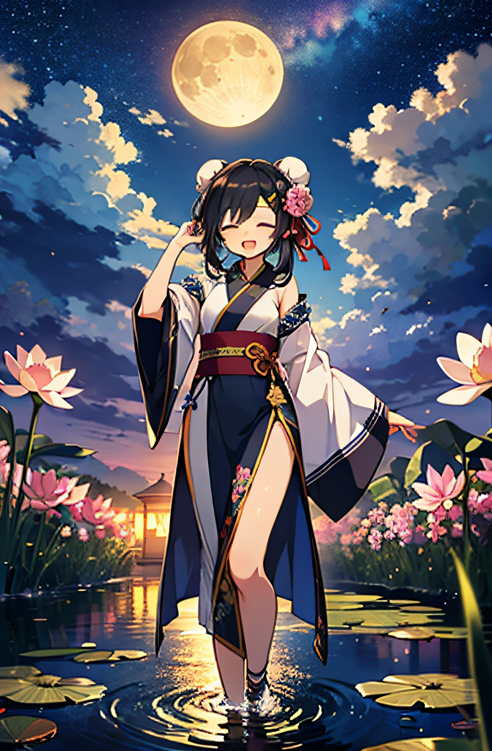 masterpiece, best quality, super detail, 8k_wallpaper, (beautiful eyes), (cute)), cute, (lovely), (erotic),full length photo、anime moe art style,1girl, 1boy, moon, flower, black hair, sky, cloud, pink flower, long hair, night, closed eyes, lotus, hanfu, chinese clothes, full moon, hair bun, long sleeves, smile, ribbon, dancing, night sky, sash, wide sleeves, hair ornament, lily pad, shawl, water, open mouth, bamboo