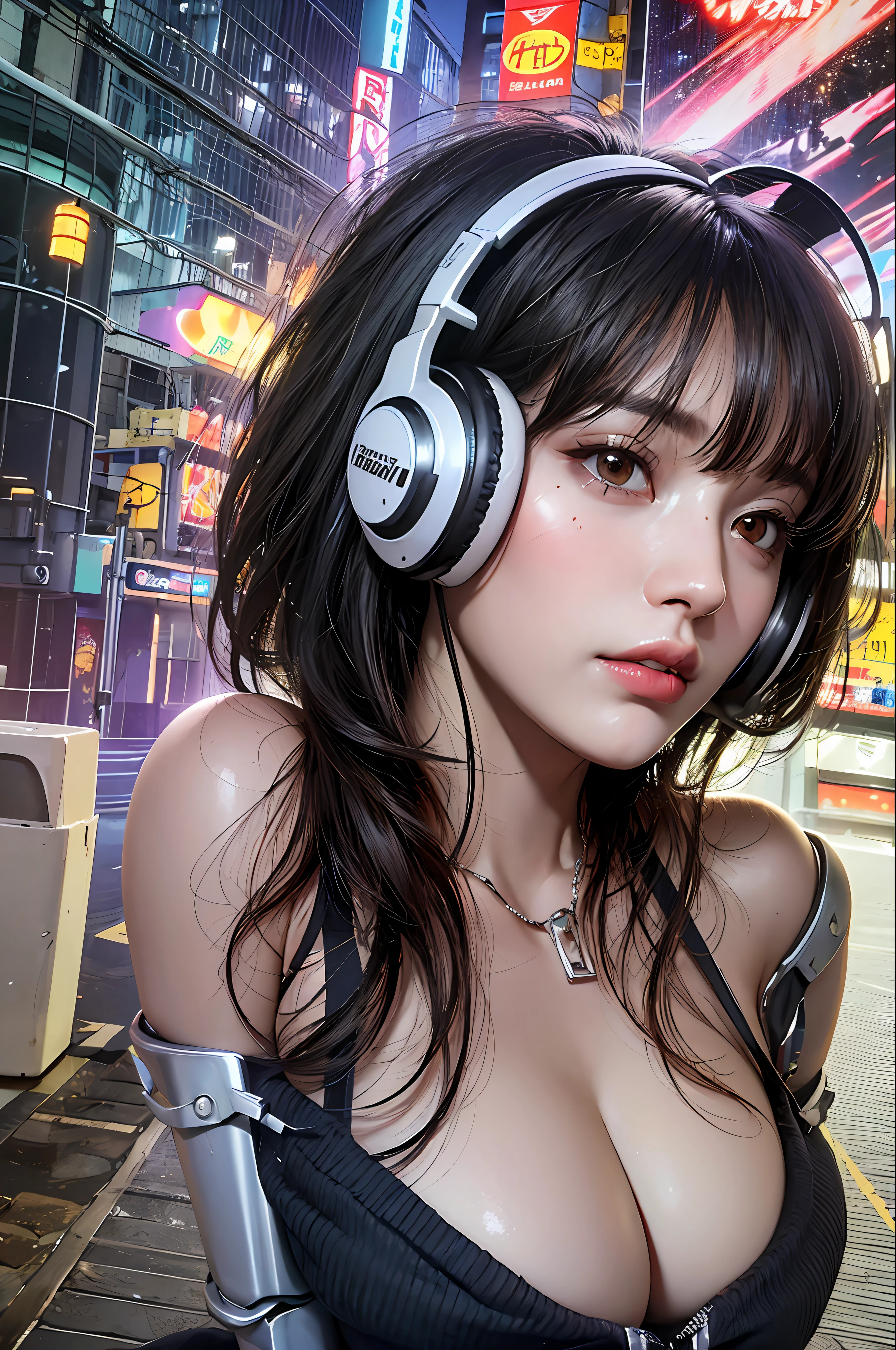 Top quality, masterpiece, ultra high resolution, (photorealistic: 1.4), raw photo, futuristic town perspective, futuristic skyscrapers, futuristic street corner, one girl, black hair, shiny skin, 1 mechanical girl, (((ultra-realistic details)), Sydmide style mecha design, portrait, global illumination, shadows, octane rendering, 8K, Ultra sharp, big, cleavage exposed raw skin, metal, intricate ornament details, headset, hydraulic cylinder, very intricate details, realistic light, CGSoation trend, purple eyes, glowing eyes, facing the camera, neon details, mechanical limbs, blood vessels connected to tubes, mechanical vertebrae attached to the back, mechanical cervical attachment to the neck, sitting, wires and cables connecting to the head, Evangelion, cyberpunk, small LED lamps,