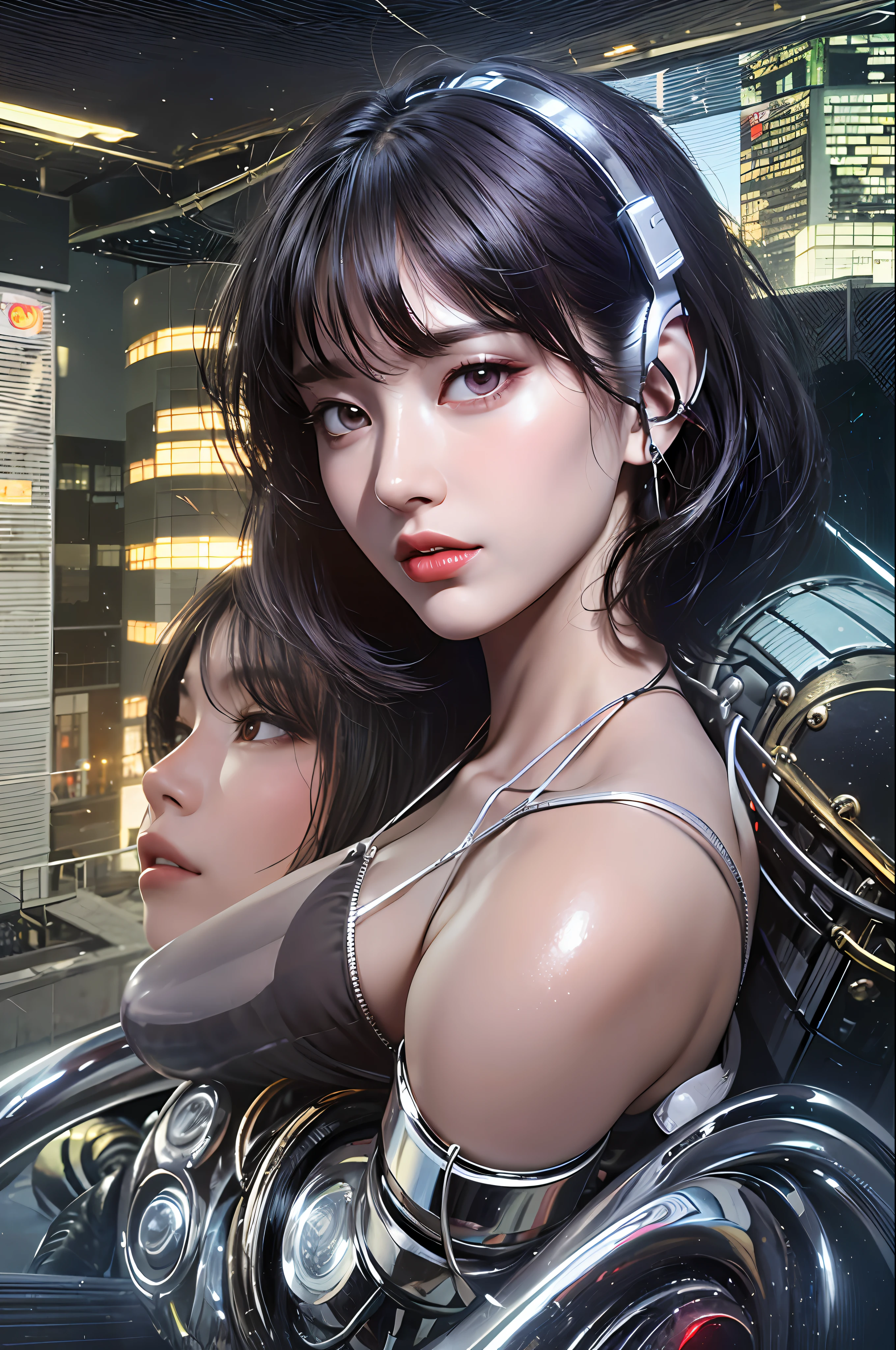 Top quality, masterpiece, ultra high resolution, (photorealistic: 1.4), raw photo, futuristic town perspective, futuristic skyscrapers, futuristic street corner, one girl, black hair, shiny skin, 1 mechanical girl, (((ultra-realistic details)), Sydmide style mecha design, portrait, global illumination, shadows, octane rendering, 8K, Ultra sharp, big, cleavage exposed raw skin, metal, intricate ornament details, headset, hydraulic cylinder, very intricate details, realistic light, CGSoation trend, purple eyes, glowing eyes, facing the camera, neon details, mechanical limbs, blood vessels connected to tubes, mechanical vertebrae attached to the back, mechanical cervical attachment to the neck, sitting, wires and cables connecting to the head, Evangelion, cyberpunk, small LED lamps,