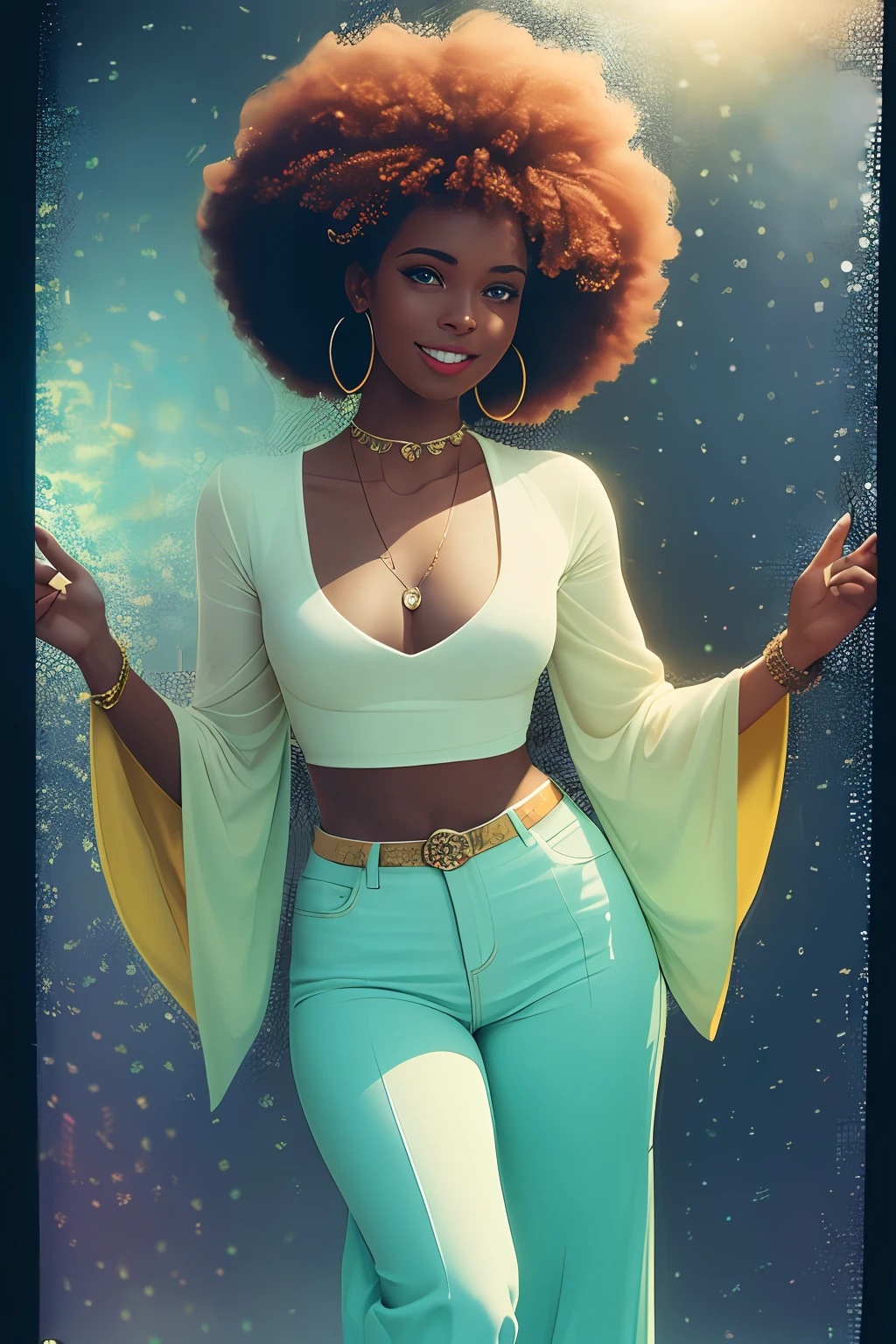 1 young female , smile, dark skin tone, afro hair, a pair of sparkly bell-bottoms, a white blouse, yellow and cyan tone, 1970s, huge ear ring, Bell-bottoms, flares, Disco Mirror Ball,
(35mmstyle:1.1), front, masterpiece, , cinematic lighting, (photorealistic:1.3), high frequency details, 35mm film, (film grain), film noise, kodak proimage 100, depth of field , bokeh