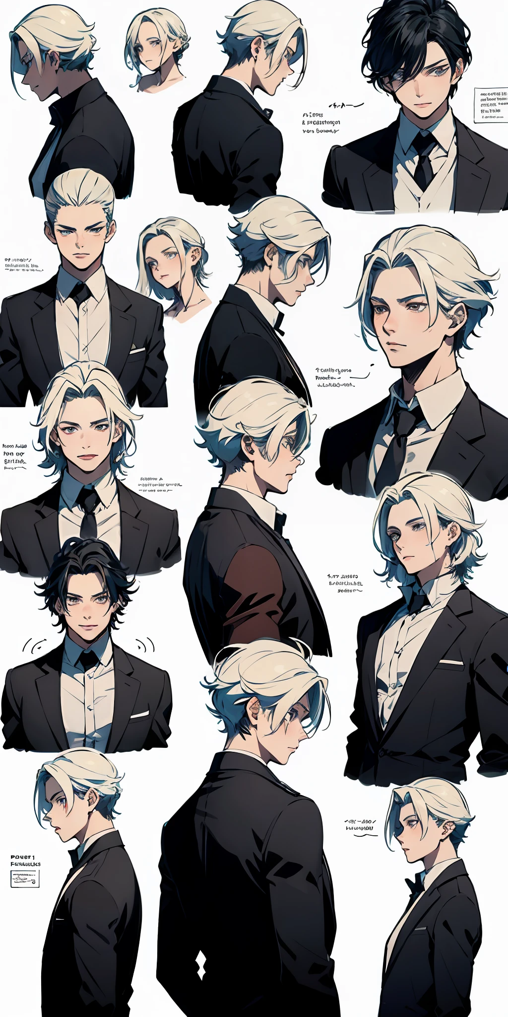 absurd resolution, high resolution, (masterpiece: 4.1), ultra-detailed, (character sheet)1 boy having the features of kaneki, Goku and alucard, only face front side profile and back.