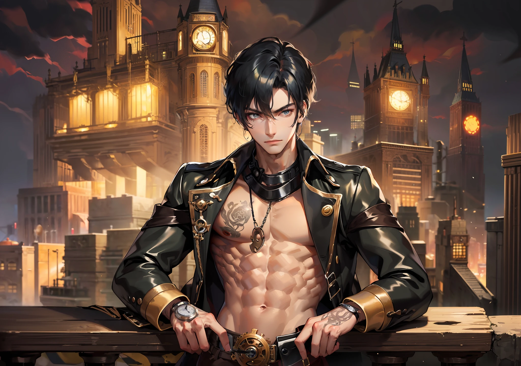 (((steampunk clothes,abs))),open aviator jacket,man, abs, male, male face, attractive, ((1man)), sitting, steampunk clothes, masterpiece, absurd, best quality, intricate details, (shiny skin, shiny body, shiny and oily skin, shiny hair, pale skin tone), old castle, sunset, attractive,, adult, one, chest tattoo, don't look at the sight, don't look at the view,  don't look at the view, short black hair, perfect detailed face, perfect detailed hands, blue eyes, ((MLS)), medium large bud