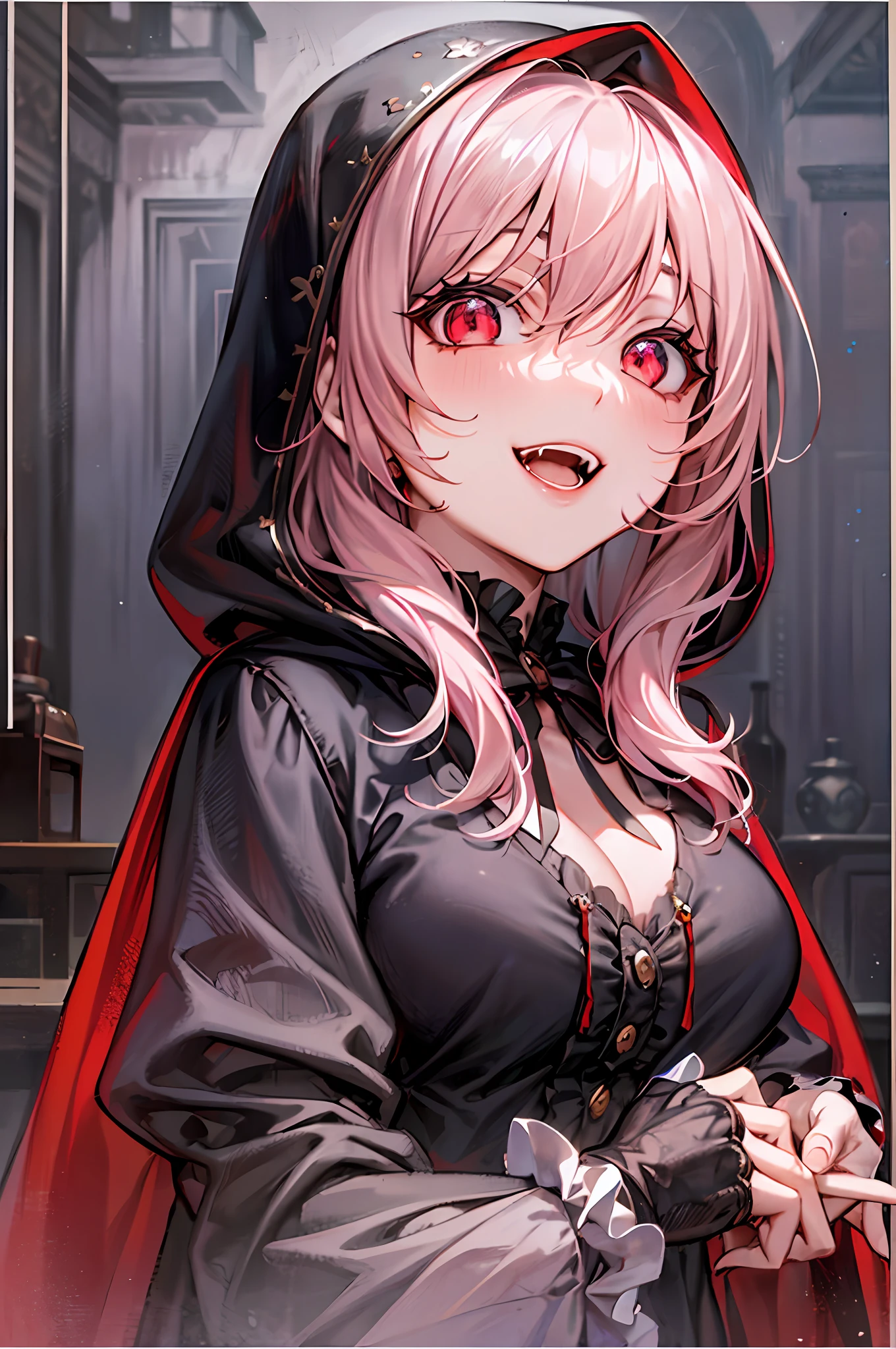 Fullbody portrait of a captivating vampire girl with glowing red eyes and big fangs on her smile. She is adorned in a pink colored gothic victorian cape with a hood, standing in a pretty and sparkly pastel castle mansion surrounded by red pillows and black furniture. Her lips are painted red and there is a hint of blood and mystery in the air. The view is from the bottom, with dramatic lighting emphasizing the dark and mysterious atmosphere, but with a cute and adorable undertone, creepy cute, dust particles, cinematic, poster, hd, 8k wallpaper, intricate, ultra-detailed, best shading,