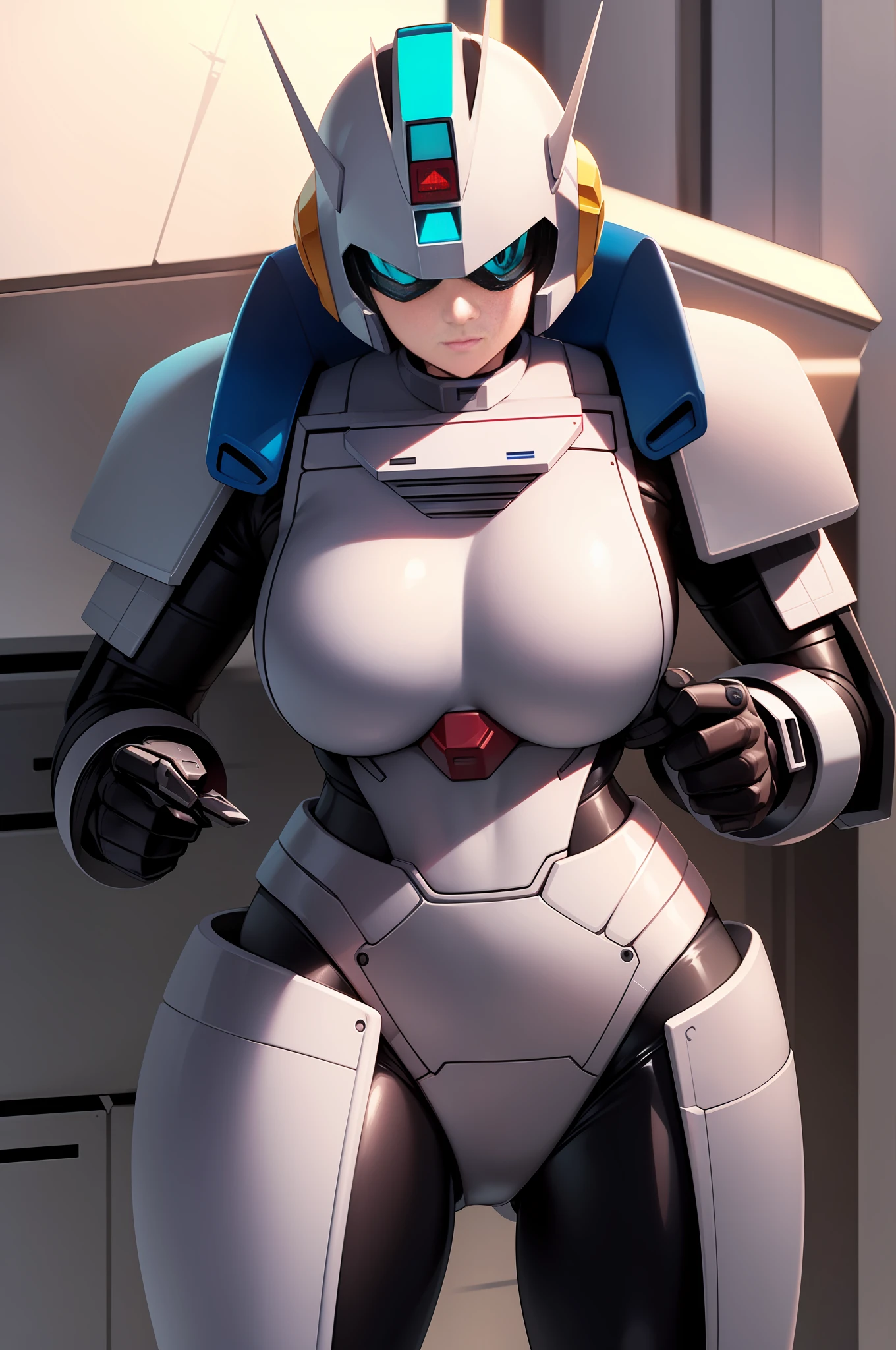 Girl wearing latex suit with armor on top, heavy gundam armor, heavy megaman armor, robocop armor
