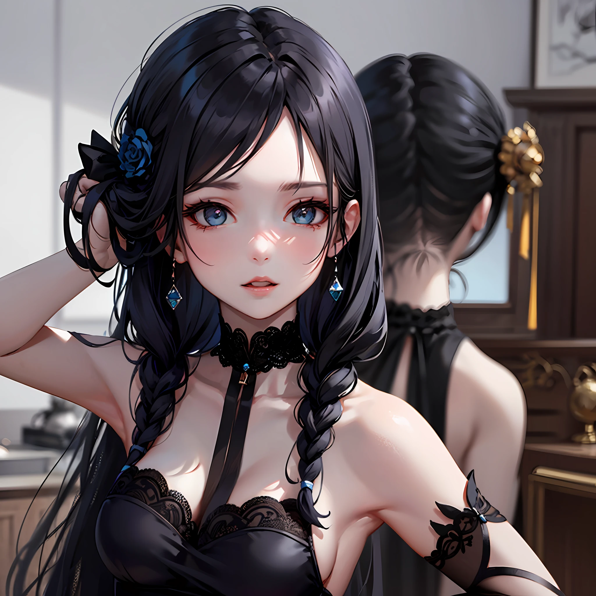woman, white skin, blue eyes, black long hair, ball jointed doll style --auto