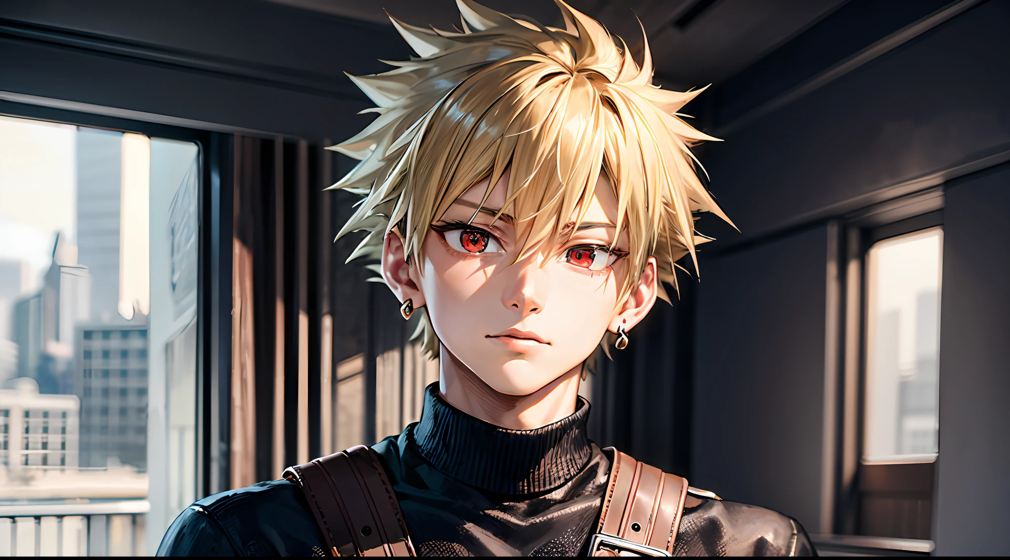 ((masterpiece, top quality, super definition, high definition)), one young man, Katsuki Bakugo, My Hero Academia, Blonde short hair, shining eyes, perfect red eyes, 25 years old, black outfit, grimace, beautiful skin, backwards, earrings, sparks,