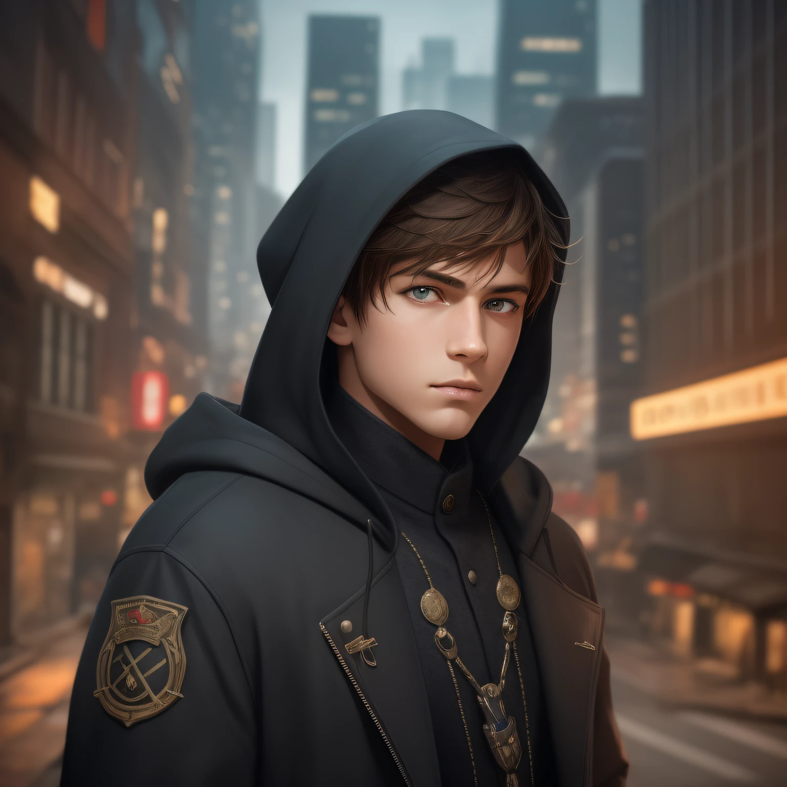 12 year boy with brown hair and hazel eyes, dressed in a long flowing black coat that is unbuttoned, pointed hooded and shows a cityscape of bombs and tanks, closeup, bright colors, sinister, beautiful, highly detailed, mysterious, trending on artstation, artstationHD, artstationHQ, unreal engine, 4k, 8k