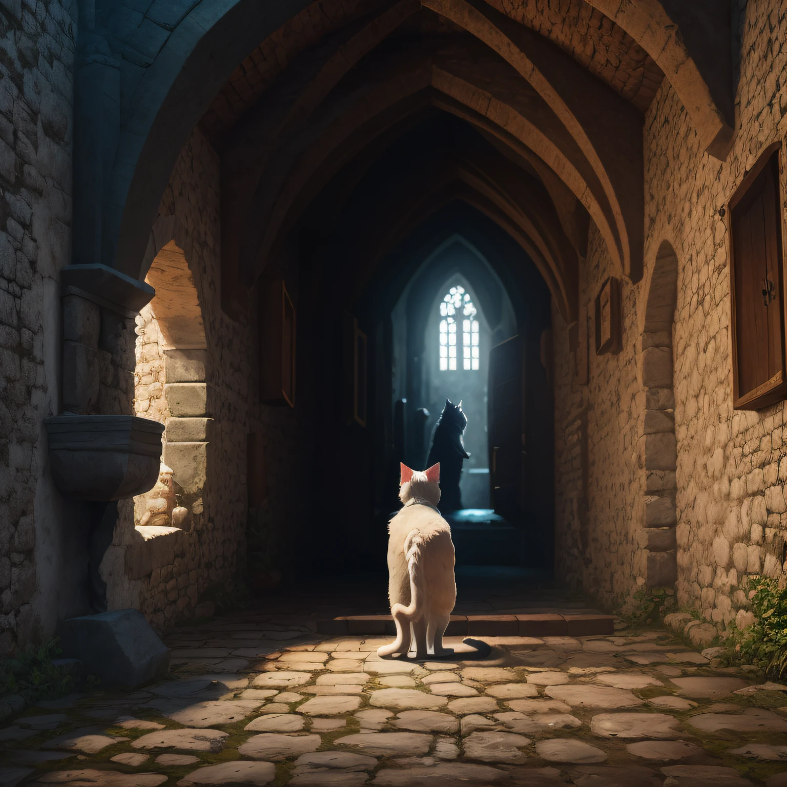 Cat, with cat body, shiny armor, full body photo, seen from afar, in a medieval castle, wearing medieval armor adapted for cats, ultra realistic photo, 8K --auto