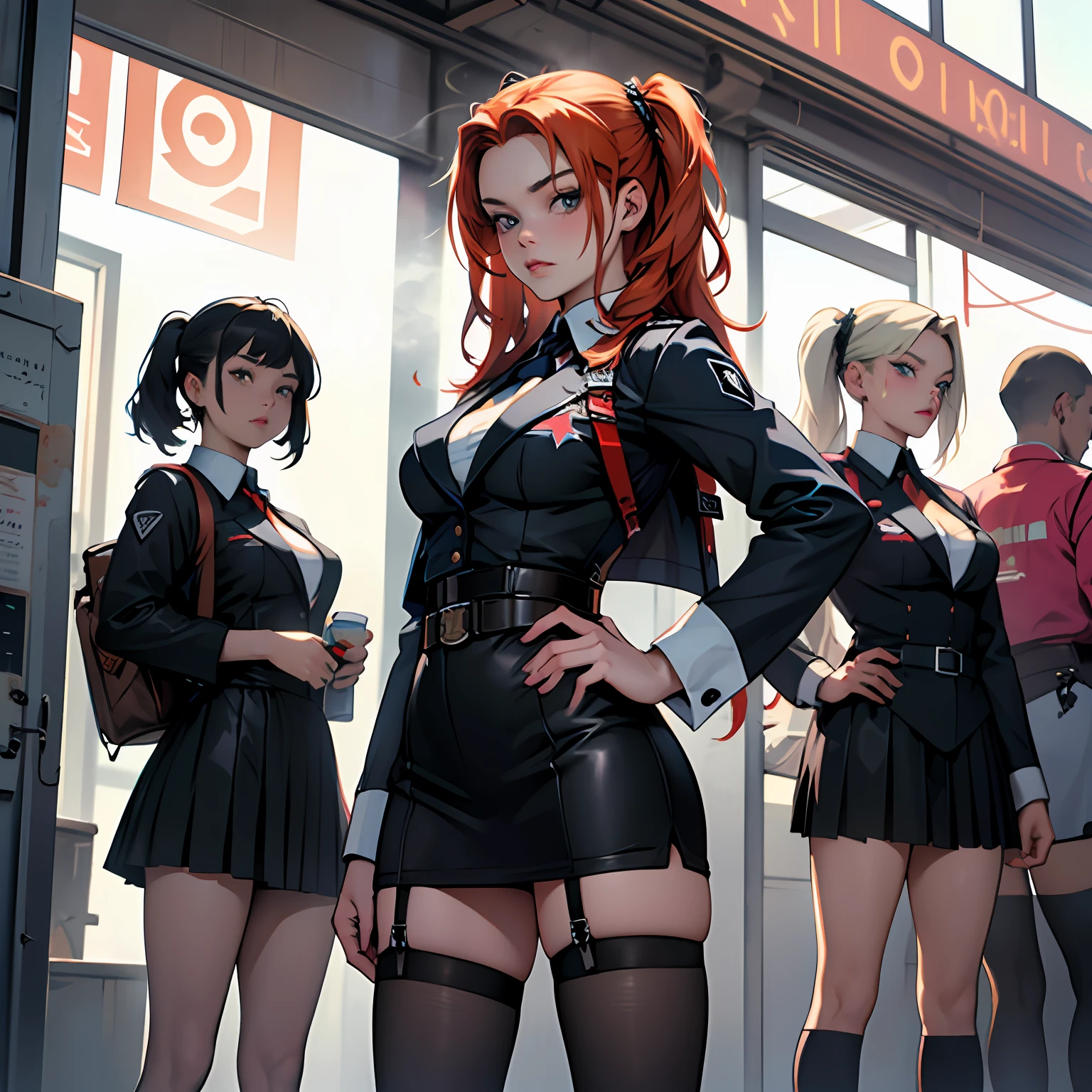 (Cyber Steam Punk style)(KAWAII Gothic style)(Downward viewpoint)(Leather connected corset)(Bizarre and intricate design)(Russian flag paint)(Nazi Third Reich motif, blazer and tie)(Halloween) High school girls who look a lot like (Sadie Sink, Suzu Hirose and Elle Fanning) attending a Russian girls high school dressed in Girl Scout uniform inspired by waitresses at Hooters. --auto