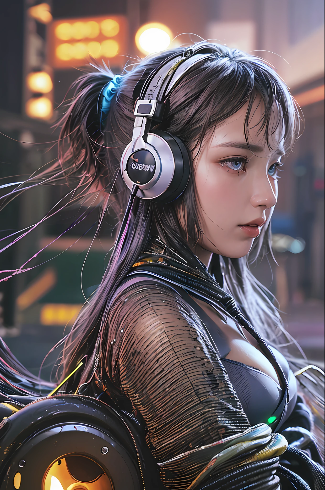 Top quality, masterpiece, ultra high resolution, (photorealistic: 1.4), raw photo, futuristic town perspective, futuristic skyscrapers, futuristic street corner, one girl, black hair, shiny skin, 1 mechanical girl, (((ultra-realistic details)), Sydmide style mecha design, portrait, global illumination, shadows, octane rendering, 8K, Ultra sharp, big, cleavage exposed raw skin, metal, intricate ornament details, headset, hydraulic cylinder, very intricate details, realistic light, CGSoation trend, purple eyes, glowing eyes, facing the camera, neon details, mechanical limbs, blood vessels connected to tubes, mechanical vertebrae attached to the back, mechanical cervical attachment to the neck, sitting, wires and cables that connect to the head, Gundam, Cyberpunk, small LED lamps,