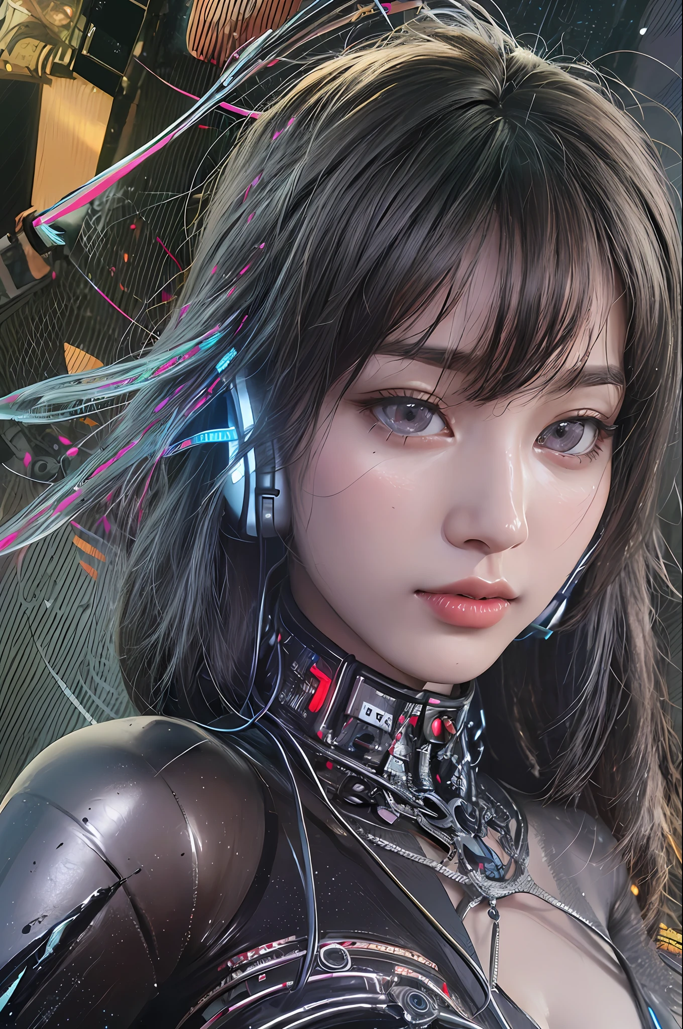 Top quality, masterpiece, ultra high resolution, (photorealistic: 1.4), raw photo, futuristic town perspective, futuristic skyscrapers, futuristic street corner, one girl, black hair, shiny skin, 1 mechanical girl, (((ultra-realistic details)), Sydmide style mecha design, portrait, global illumination, shadows, octane rendering, 8K, Ultra sharp, big, cleavage exposed raw skin, metal, intricate ornament details, headset, hydraulic cylinder, very intricate details, realistic light, CGSoation trend, purple eyes, glowing eyes, facing the camera, neon details, mechanical limbs, blood vessels connected to tubes, mechanical vertebrae attached to the back, mechanical cervical attachment to the neck, sitting, wires and cables that connect to the head, Gundam, Cyberpunk, small LED lamps,