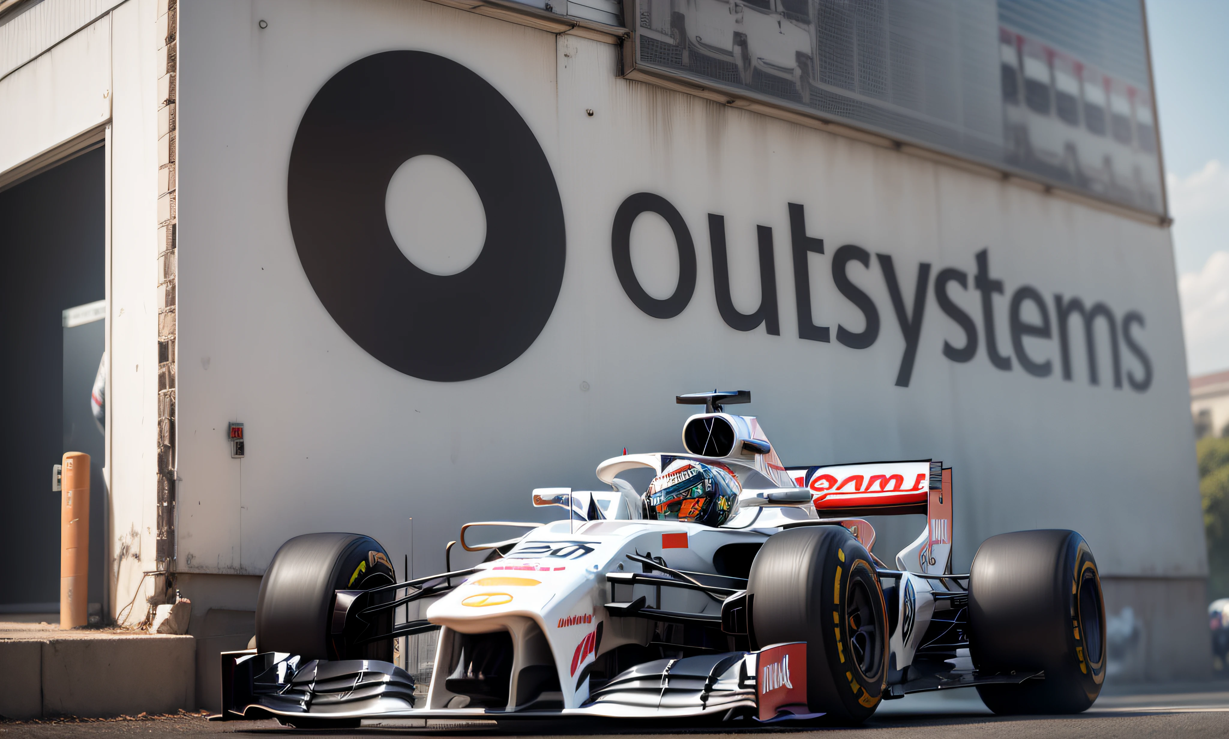 [outdoor advertising] [the logo and the word outsystems are not to be changed, they are to be kept] [lateral part off formula 1 car] [the car is perfect, complete, but moving fast] --auto