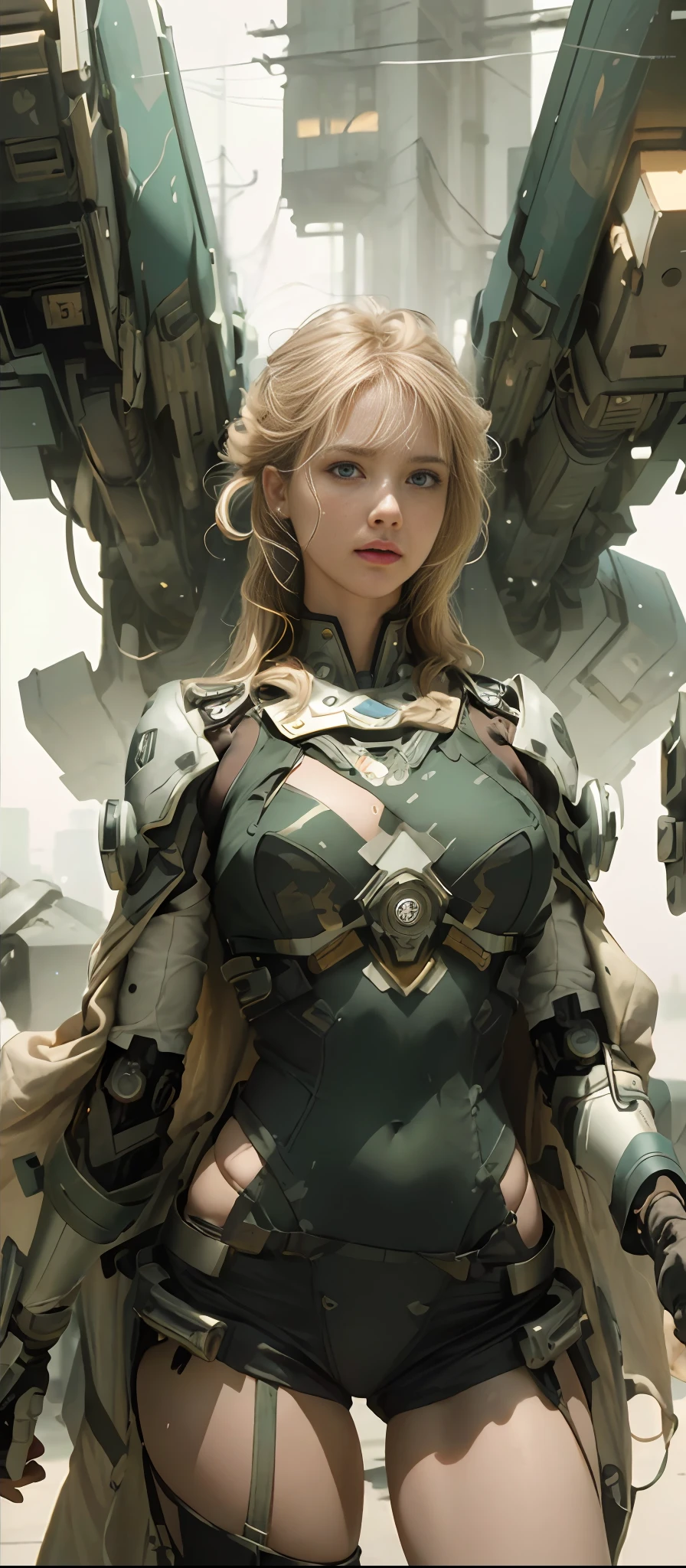 Masterpiece, Best Quality, Film, Official Art, Propaganda Art, Movie Wallpaper, Very Detailed CG Unified 4k Wallpaper, Intricate Details, White Background, Upper Body, Facial Focus, Concept Art, Production Art, ( , Highres, (realistic, photo-realistic:1.2), physically-based rendering, machinery, reflection, realistic, cyberpunk, symmetric front view close up head shot eyes symmetry face very sharp focus realistic award winning matte drawing movie light 1 boy, mecha, (Illustration: 1.1), slim, fair skin, delicate face, king robe, shine, tights, (long blonde hair), green eyes, battlefield, chip, shine, sword