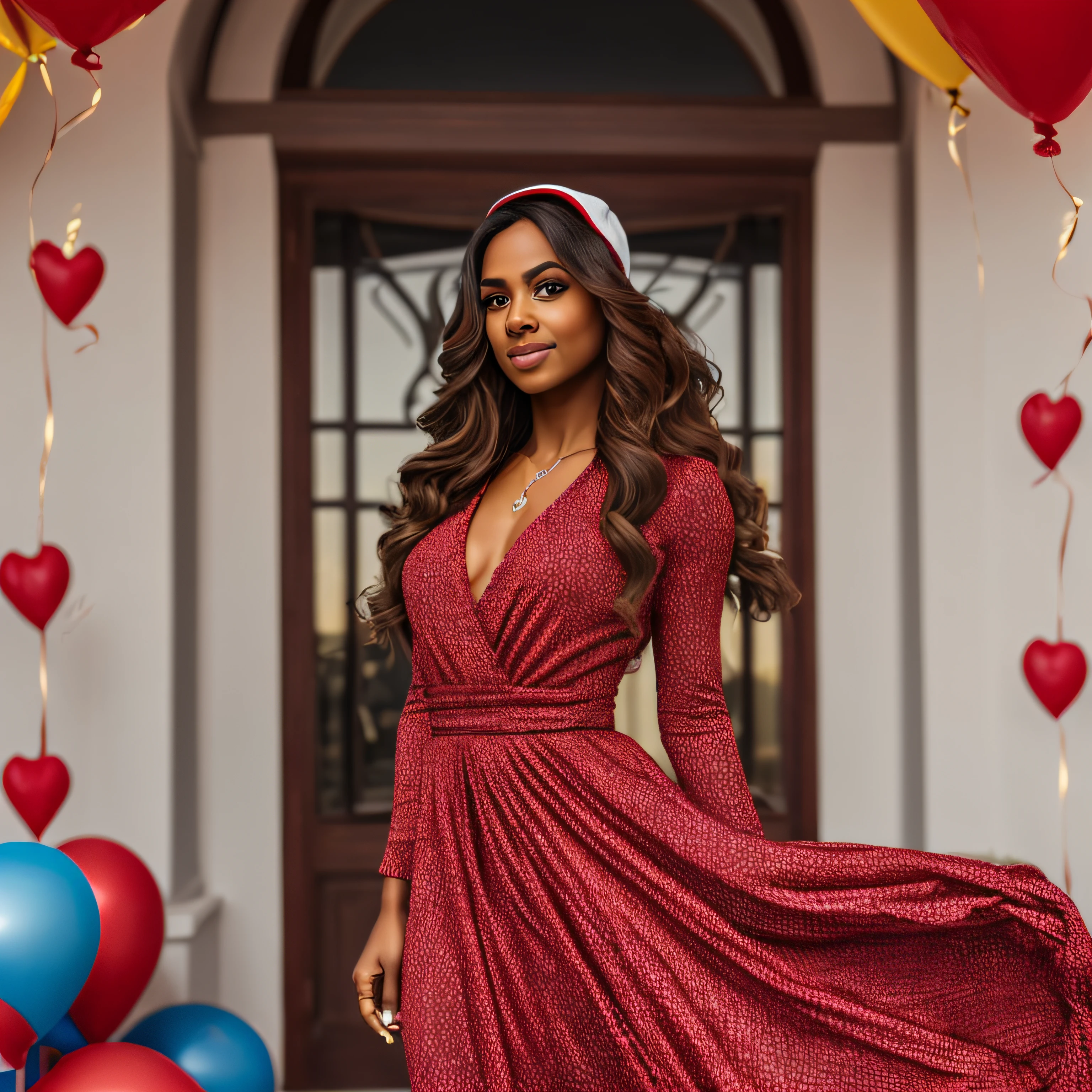 Brown woman,high fitness, long red hair, white cap, full body photo, big blue eyes, with long red dress at a heartthrob party, realistic photo, 8k --auto