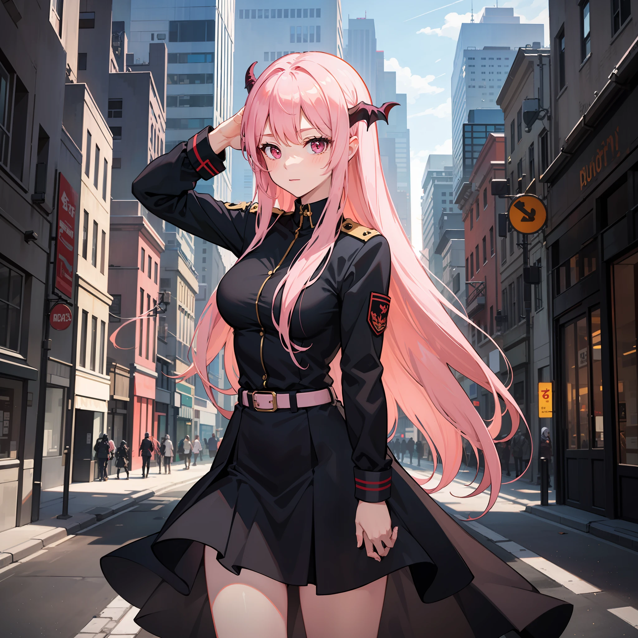 A woman, succubus, dressed in military uniform, in an empty and destroyed city, long pink hair, pink eyes