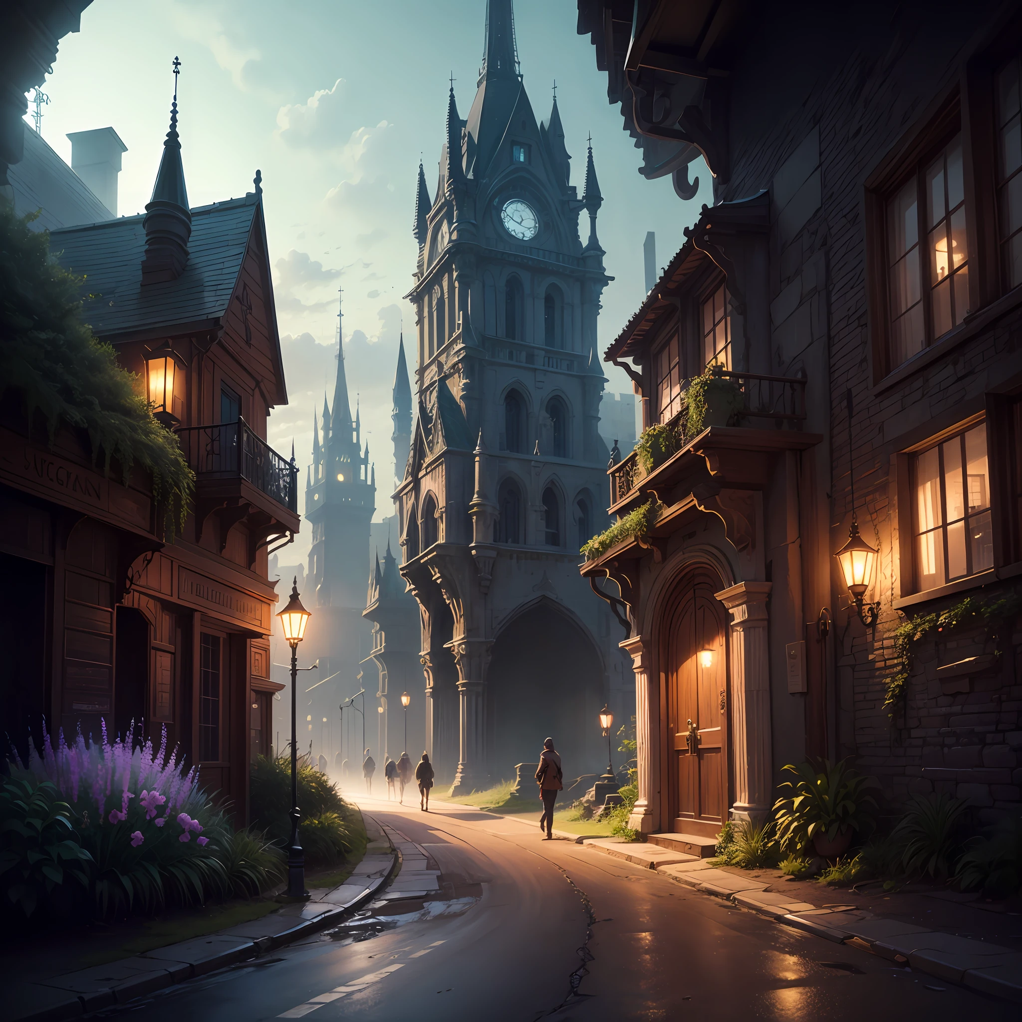 viewed from outside, fantasy main city door, fantasy style, highly detailed, dirt road leading into the city, capital of magic, people walking through, bioluminescent flora --auto