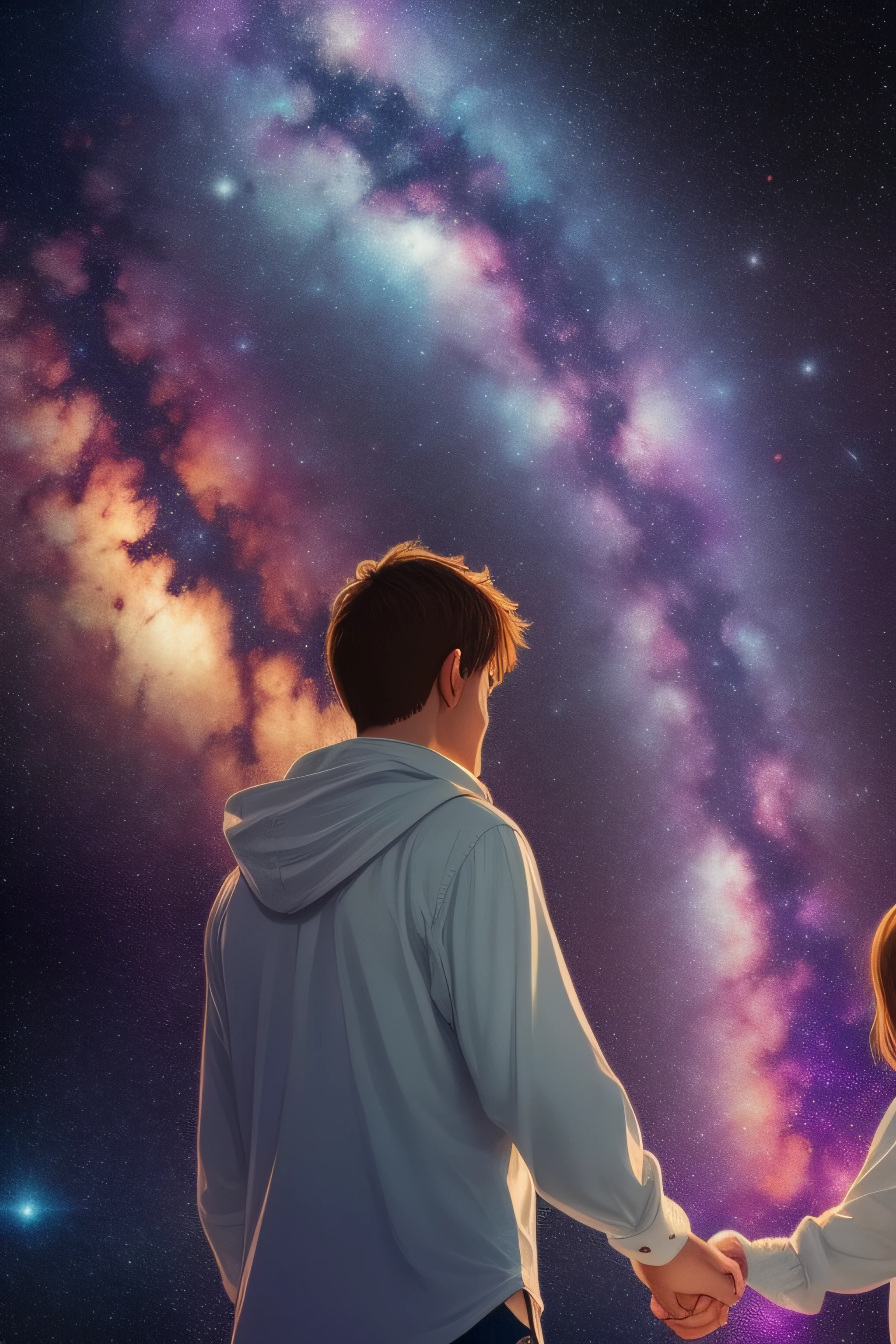 iridescent galaxy, universe, beautiful stars, drawing happy couple, holding hands, mysterious art, mystery of the universe, fantasy art