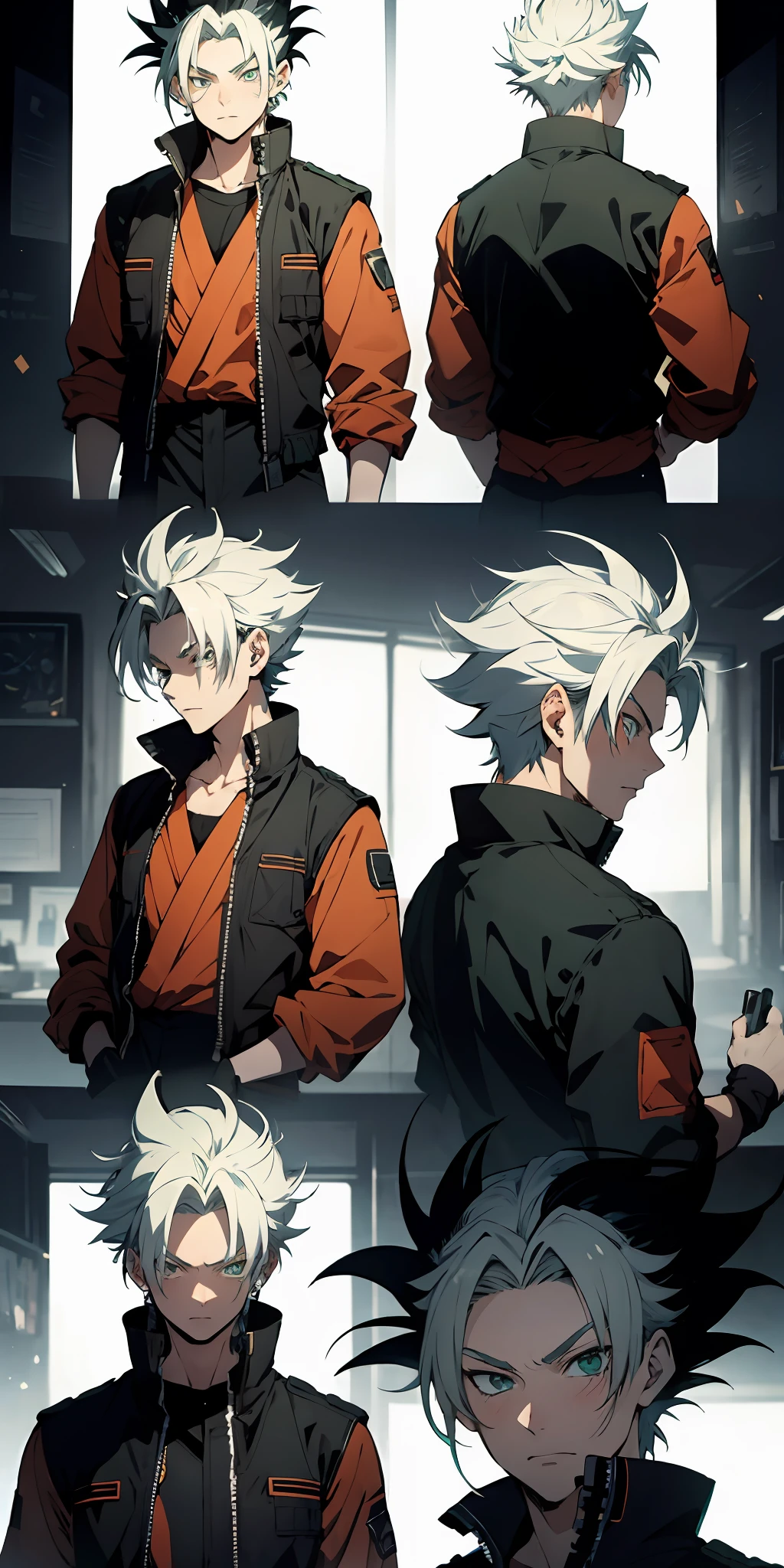 absurd resolution, high resolution, (masterpiece: 4.1), ultra-detailed, (character sheet)1 boy having the characteristics of midoria, Goku and Naruto, being villain with billions green in his eyes, only face front side profile and back.