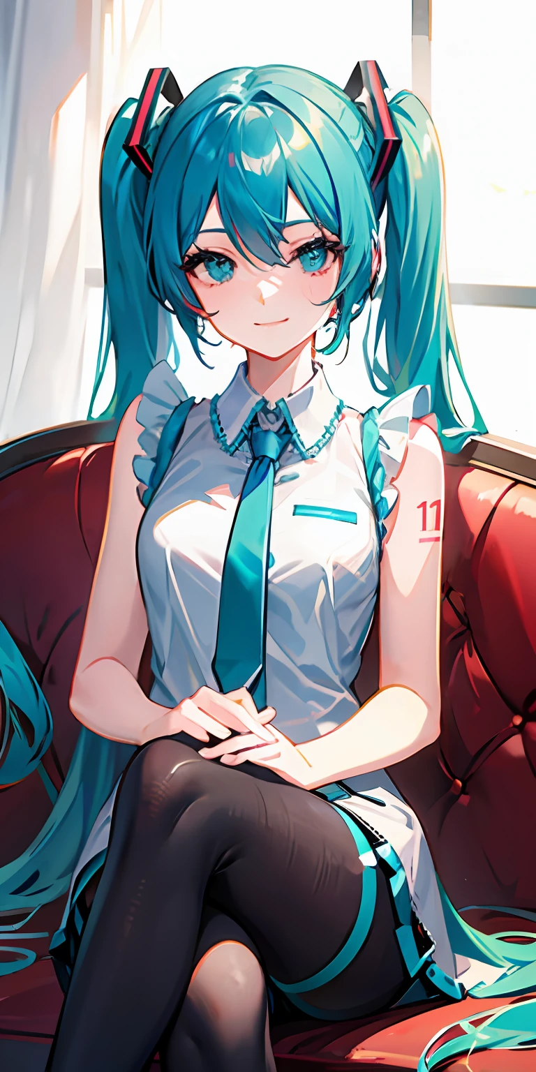 Hatsune Miku sitting on a sofa cross-legged smiling straight ahead