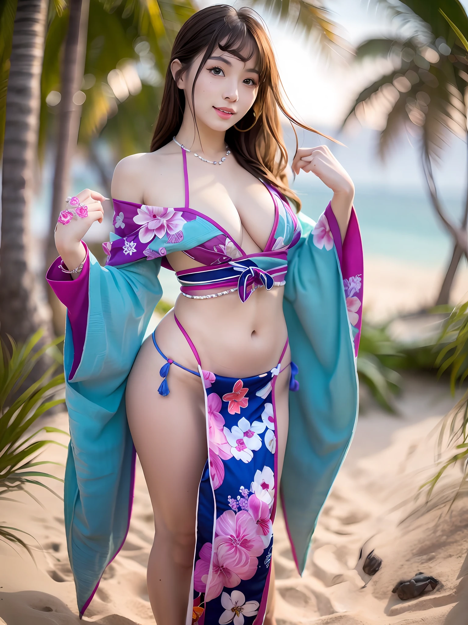 (Full Body), (Best Quality:1.1) ,(Photorealistic:1.1), (Photo:1.1), (Very Detail:1.1), View Beholder,Armband, Jade Bracelet, Eyelashes, Happy, Medium Breasts,Beautiful Detailed Girl, (Very Detailed Eyes and Face), (Facial Lighting), Necklace,Colorful Clothing, (Japan Kimono)[Off Shoulder], (Solo:1.2), Beach,Sandy Beach, standing by the sea, summer, (beautiful detailed sky),digging into the ass,