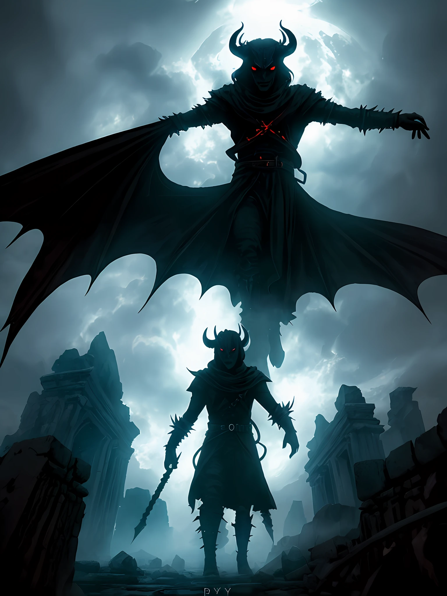 (demon:1.5),(human:0.5),"white and black",("rpg"),("fantasy world"),("magic powers"),("ancient ruins"),("ominous atmosphere"),("silhouette"),(spectral).