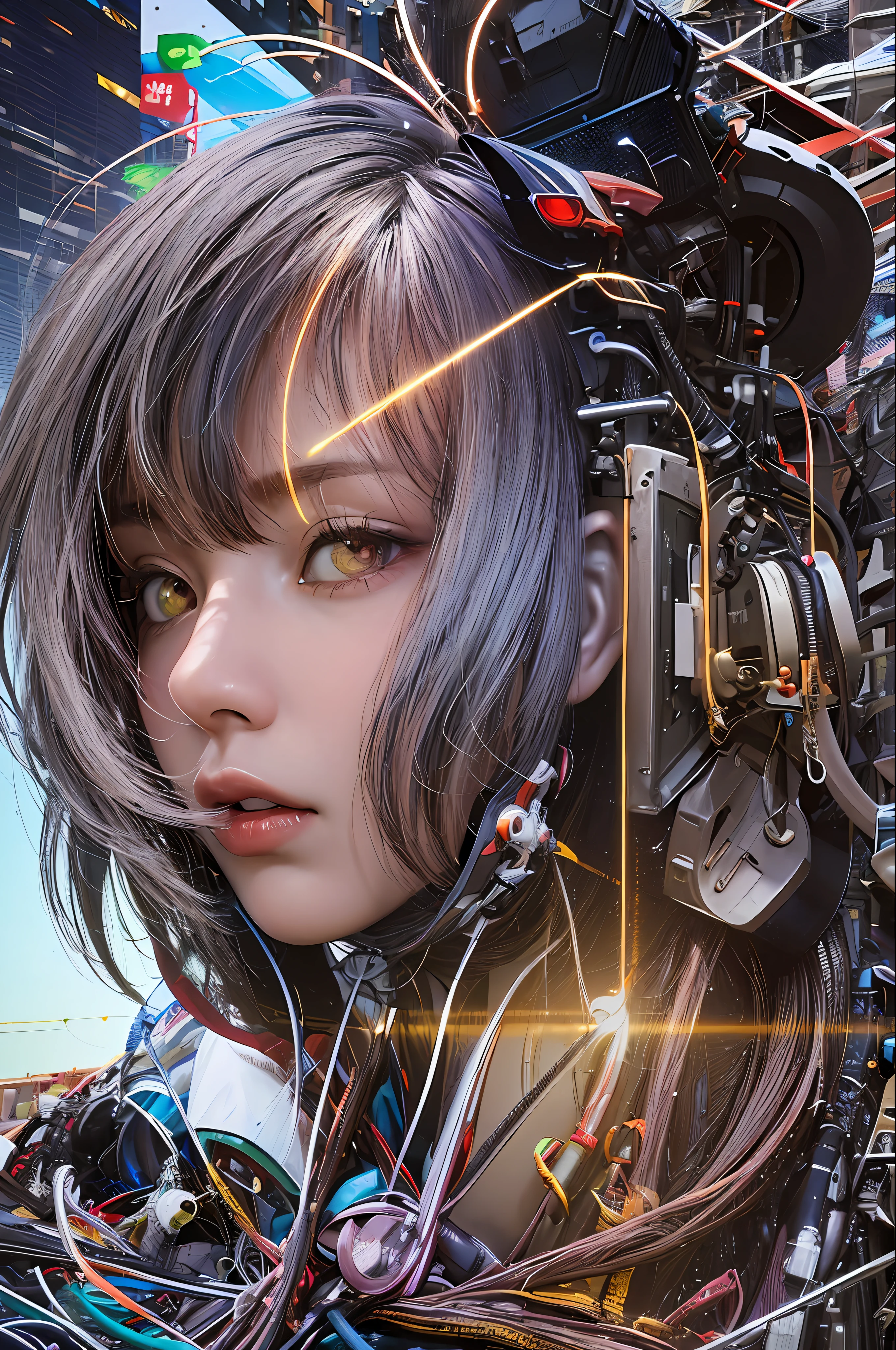 Top quality, masterpiece, ultra high resolution, (photorealistic: 1.4), raw photo, futuristic town perspective, futuristic skyscrapers, futuristic street corner, one girl, black hair, shiny skin, 1 mechanical girl, (((ultra-realistic details)), Sydmide style mecha design, portrait, global illumination, shadows, octane rendering, 8K, Ultra sharp, big, cleavage exposed raw skin, metal, intricate ornament details, headset, hydraulic cylinder, very intricate details, realistic light, CGSoation trend, purple eyes, glowing eyes, facing the camera, neon details, mechanical limbs, blood vessels connected to tubes, mechanical vertebrae attached to the back, mechanical cervical attachment to the neck, sitting, wires and cables that connect to the head, Gundam, Cyberpunk, small LED lamps,