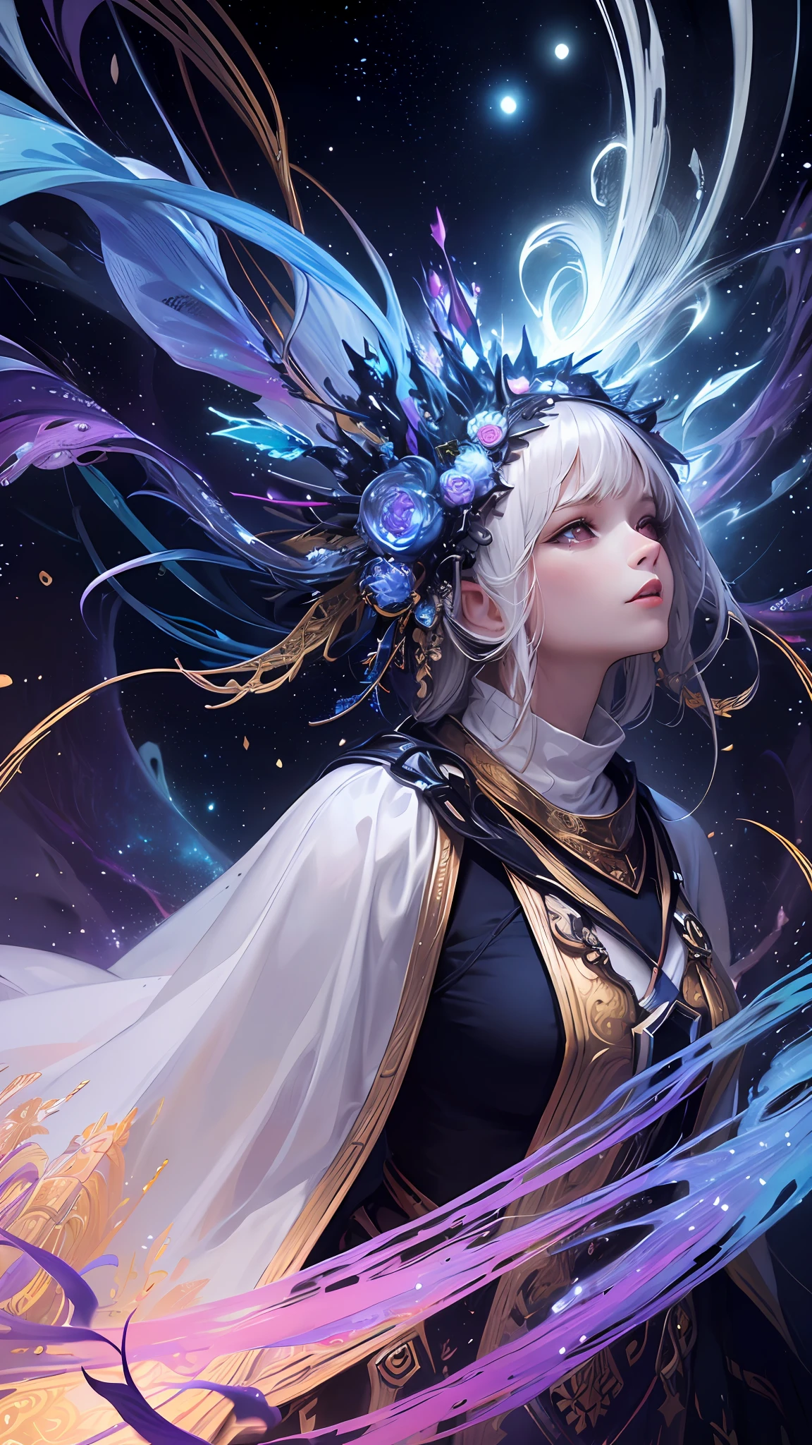 (masterpiece, top quality, best quality, official art, beautiful and aesthetic:1.2), (1girl), extreme detailed, (fractal art:1.3), colorful, highest detailed, perfect face, upper body, HDR, (praying:1.3), (white cloak golden lines:1.2), galaxy, (light streaks), striking visuals, (dynamic streaks, luminous trails:1.2), vibrant colors,