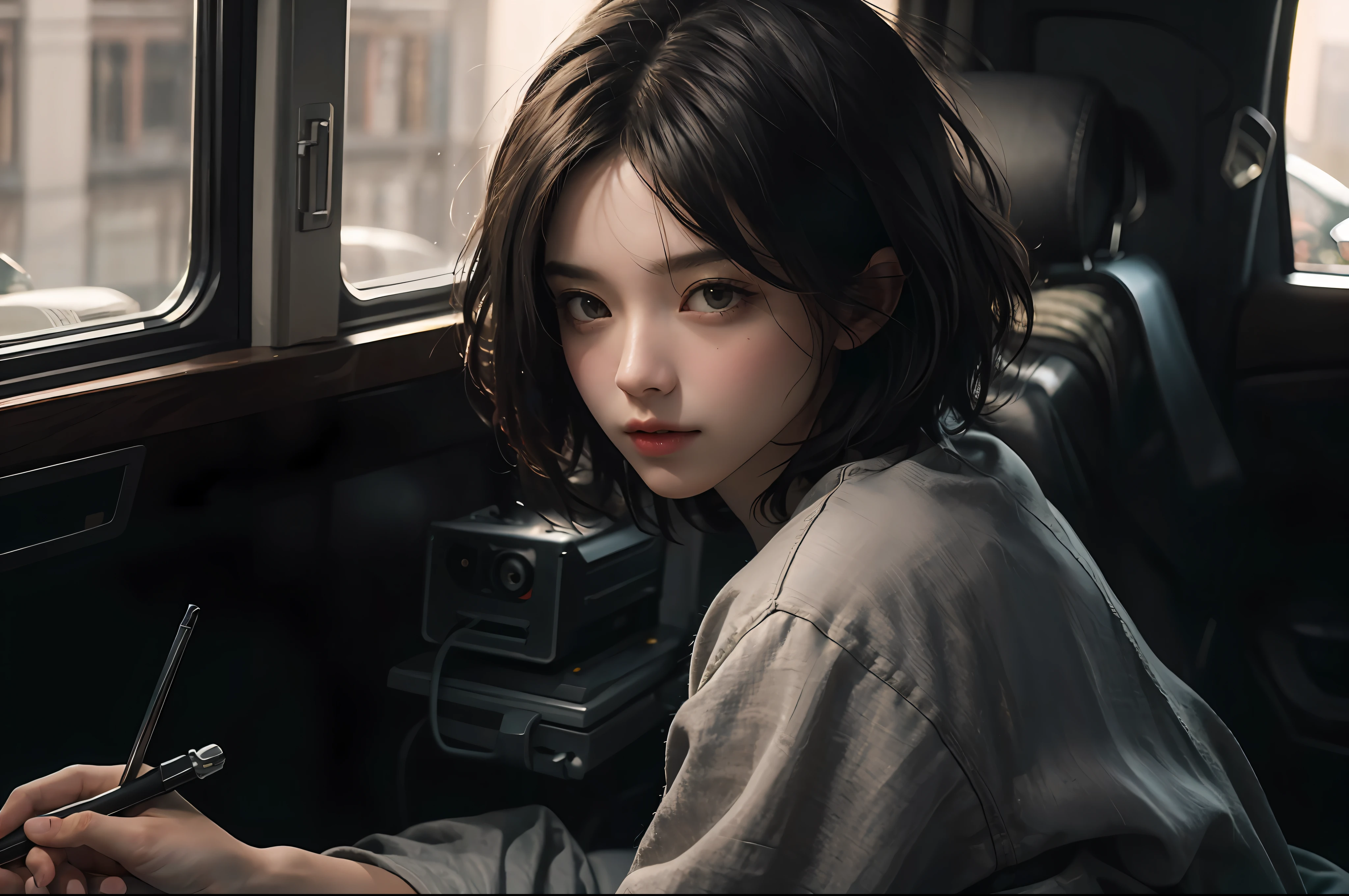 (RAW photos, top quality), (realistic, photorealistic: 1.3), highest quality, high definition, masterpiece, super detail, illustration, 1girl, upper_body, dynamic angle, world masterpiece theater, messy_long_hair, top quality, highly detailed CG Unity 8k wallpaper, ink, stunning, cinematic lighting, lens_flare, dunhuang_ style, ((short hair)), nice hairstyle