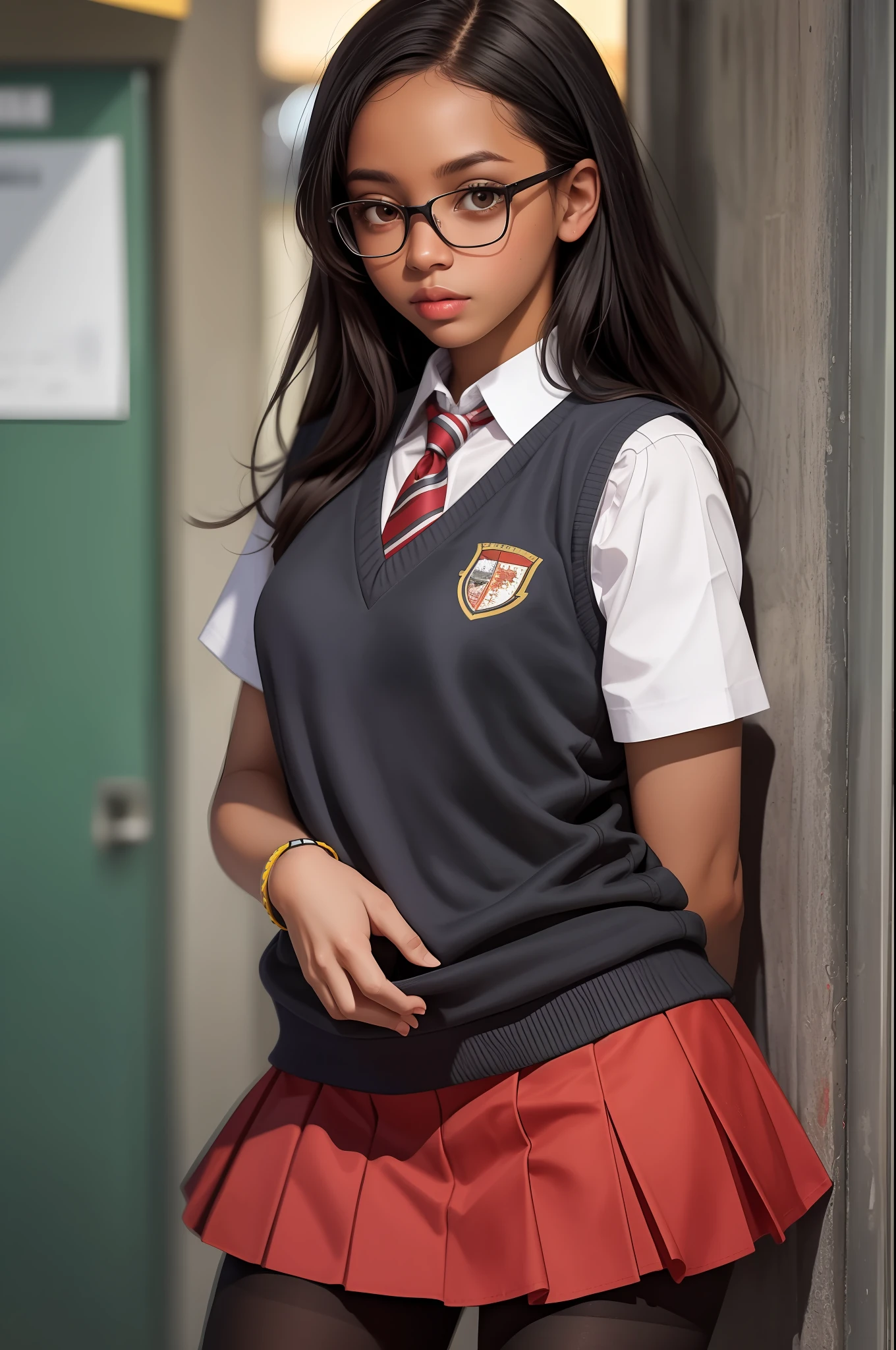 professional photo of gdkatschool, ugly person, dark-skinned woman, school uniform, sweater vest, red skirt, pantyhose, brown eyes, black hair,
volumetric light, highrez, masterpiece, best quality,