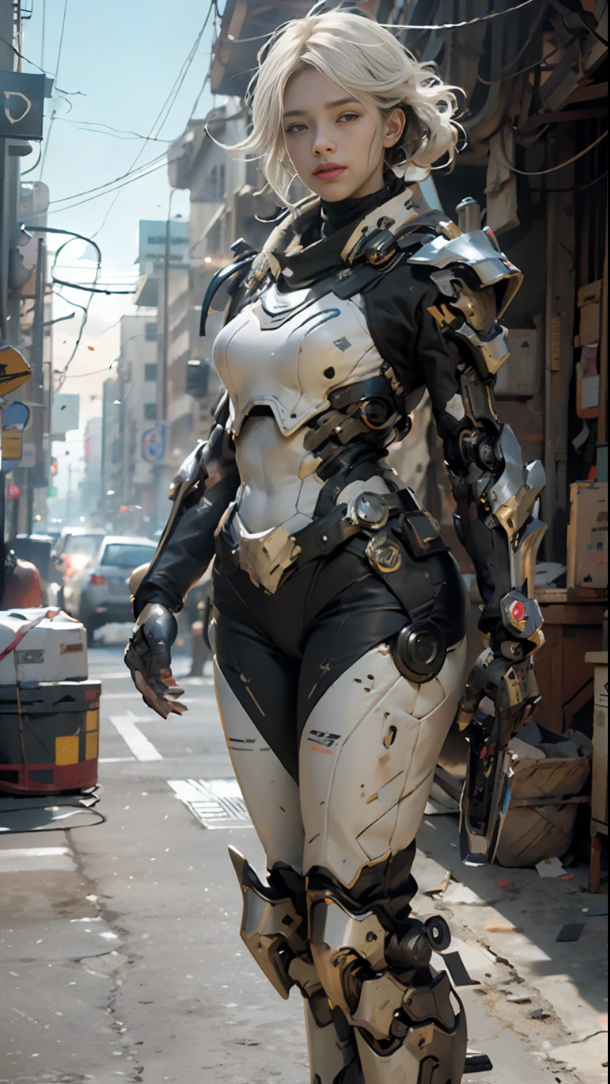 ((best quality)), ((masterpiece)), ((realistic)), (detailed), (photorealistic: 1.5), arafed Jaspior, supersentai, cyber uniform, realistic, futuristic, Octane, mech, character art, render, best quality, (thick body), (white suit), lights on armor, cybernetic suit, looking at the viewer, dynamic pose, post-apocalyptic, destroyed city background, burning buildings, science fiction, hdr, ray tracing, nvidia rtx, super-resolution, unreal 5, subsurface scattering, PBR texturing, post-processing, anisotropic filtering, depth of field, maximum clarity and sharpness, rule of thirds, 8K raw, (luminescent particles: 1.4), (extremely detailed CG, Unity 8K wallpaper, 3D, cinematic lighting, lens flare), reflections, sharp focus, cyberpunk art, cyberpunk architecture,